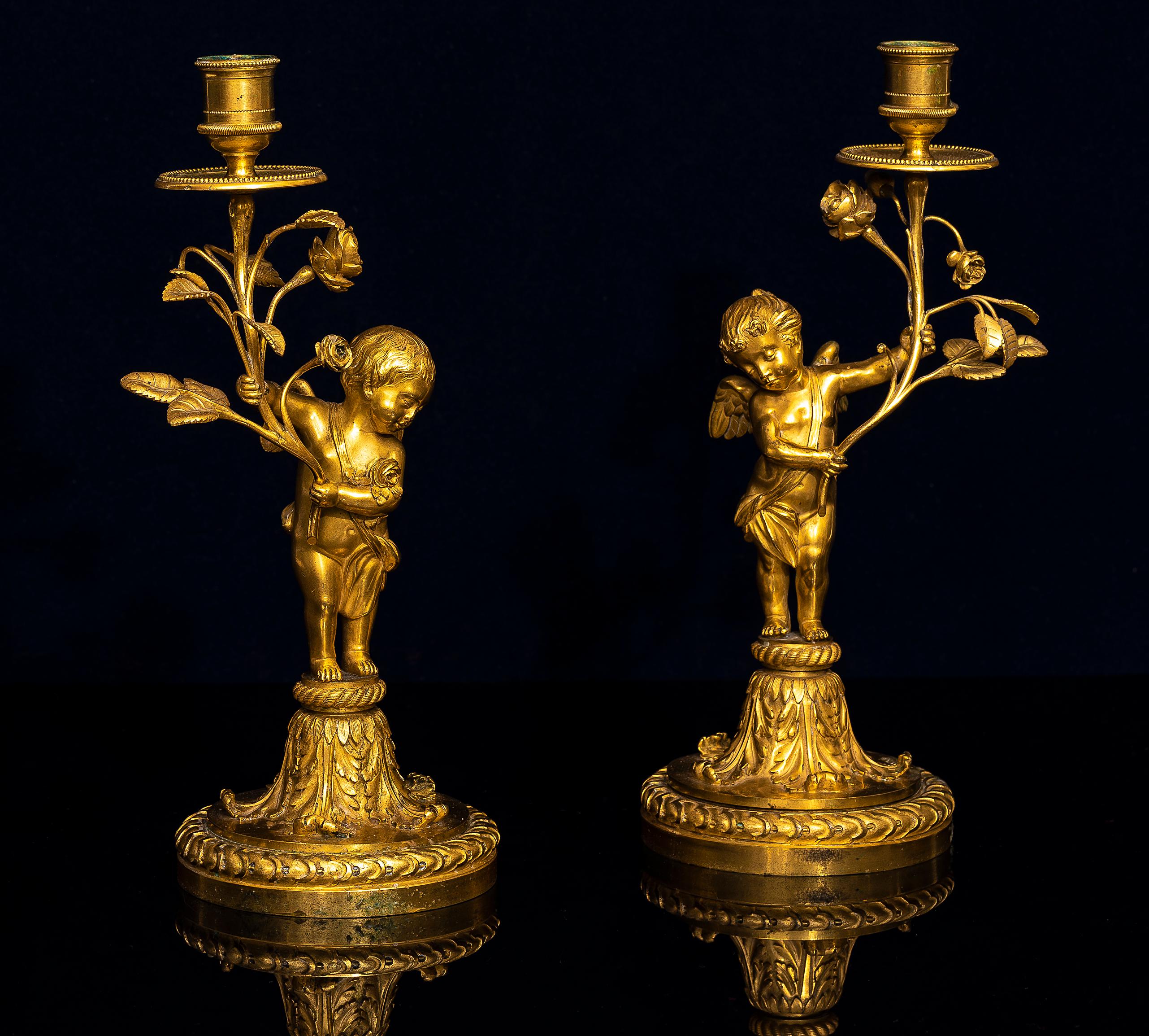 Pair of 18th Century Louis XVI Ormolu Cupid-Form Candlesticks with Ormolu Roses For Sale 1