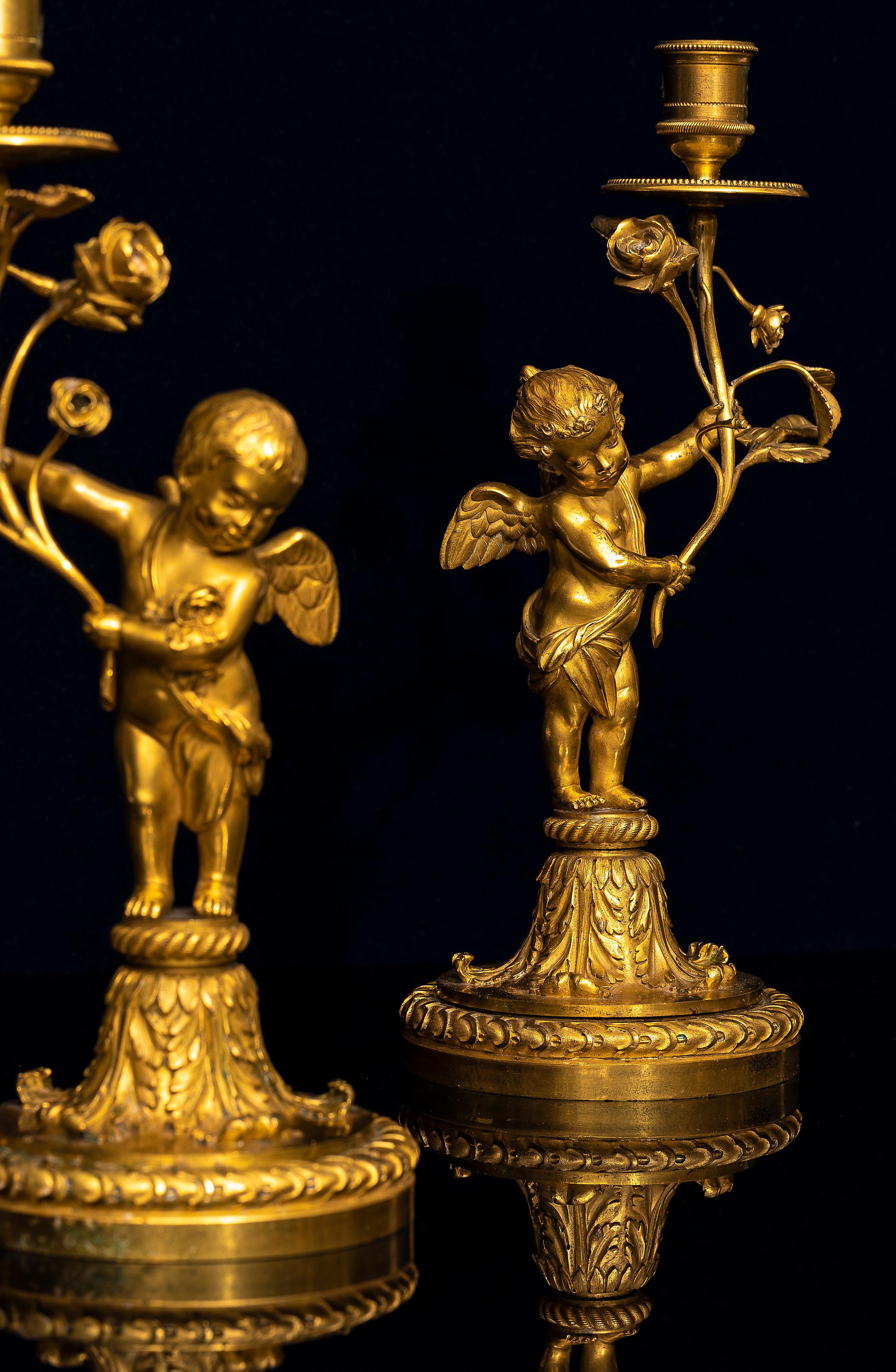Pair of 18th Century Louis XVI Ormolu Cupid-Form Candlesticks with Ormolu Roses For Sale 2