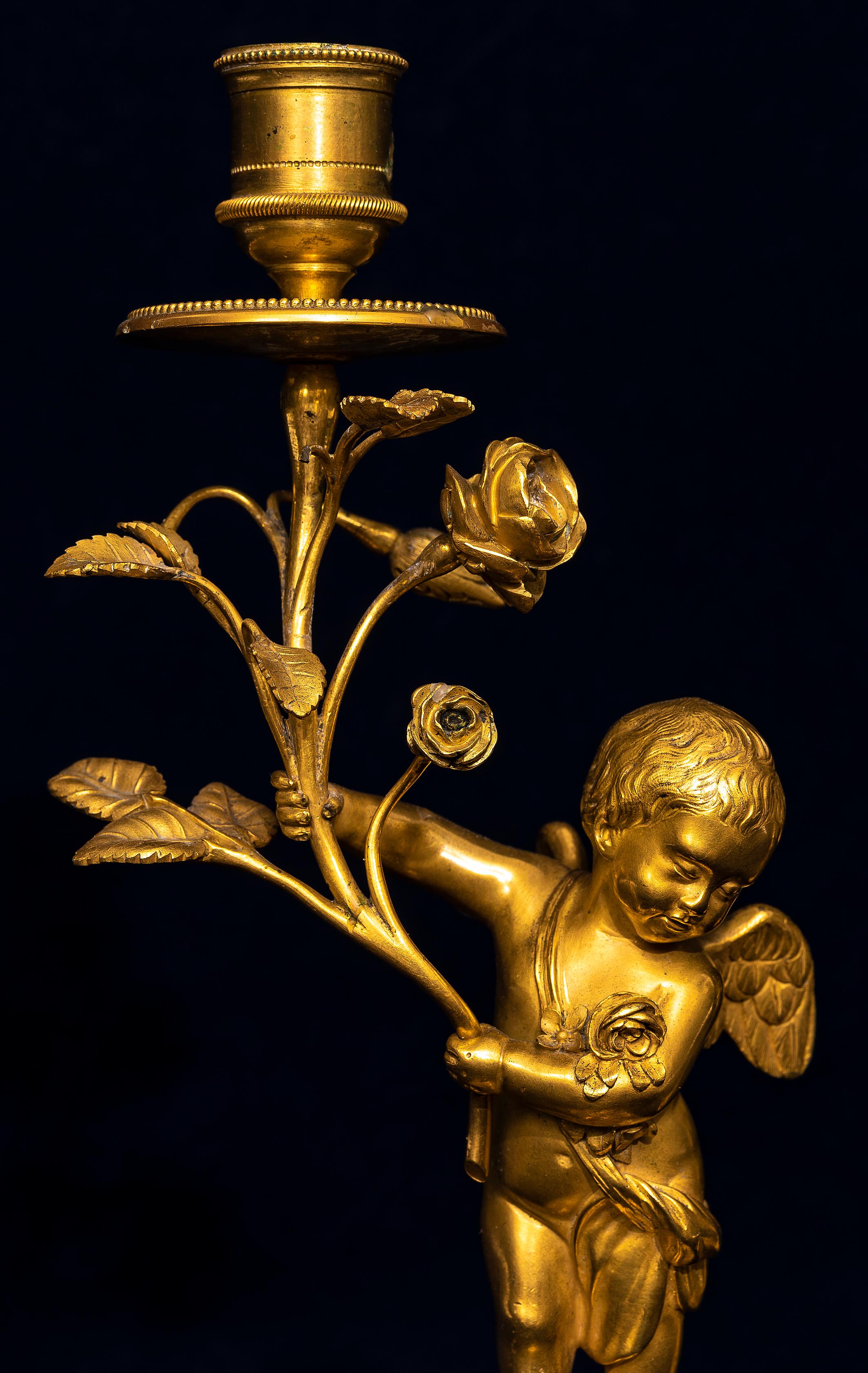 Pair of 18th Century Louis XVI Ormolu Cupid-Form Candlesticks with Ormolu Roses For Sale 3
