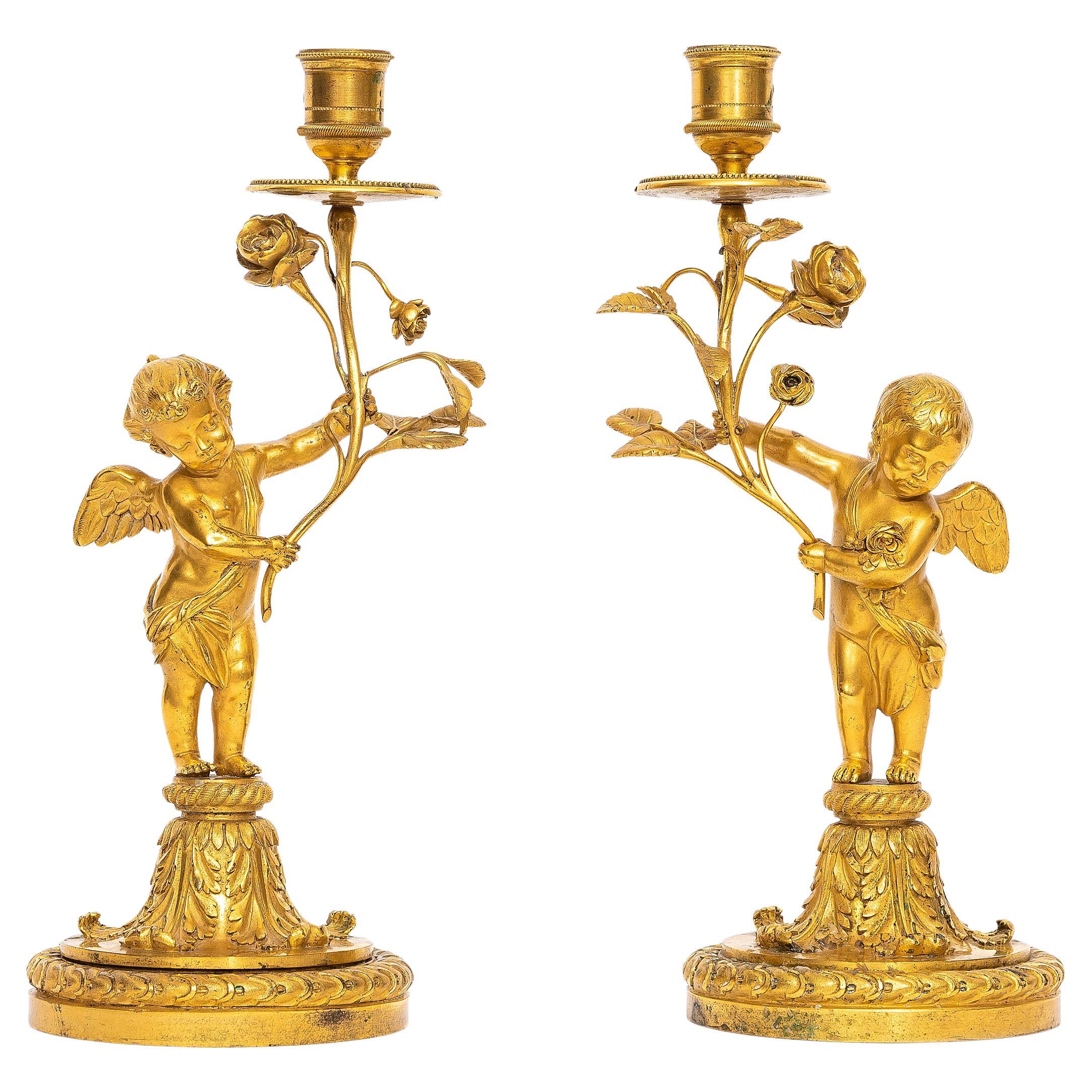Pair of 18th Century Louis XVI Ormolu Cupid-Form Candlesticks with Ormolu Roses For Sale