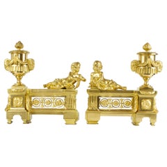 Paire de chenets ou chenets en bronze doré Louis XVI du 18ème siècle avec putti