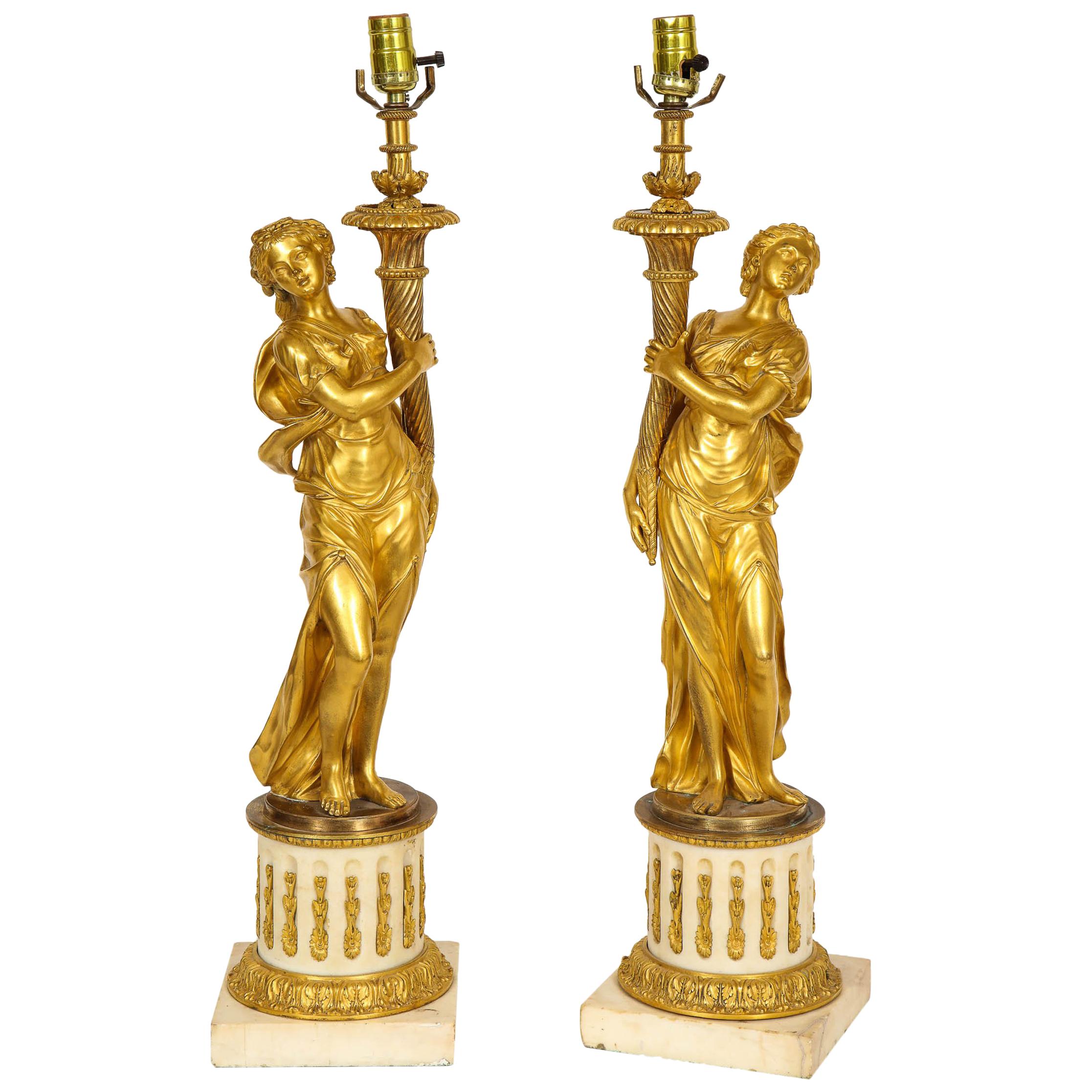 Pair of 18th Century Louis XVI Period Gilt-Bronze Figures of Maidens as Lamps