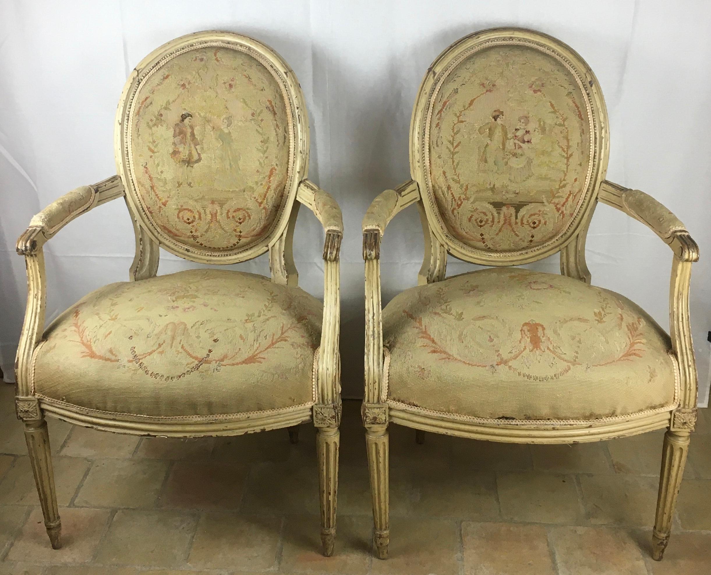 Pair of 18th Century Louis XVI Style Armchairs or Fauteuils A La Reine For Sale 7