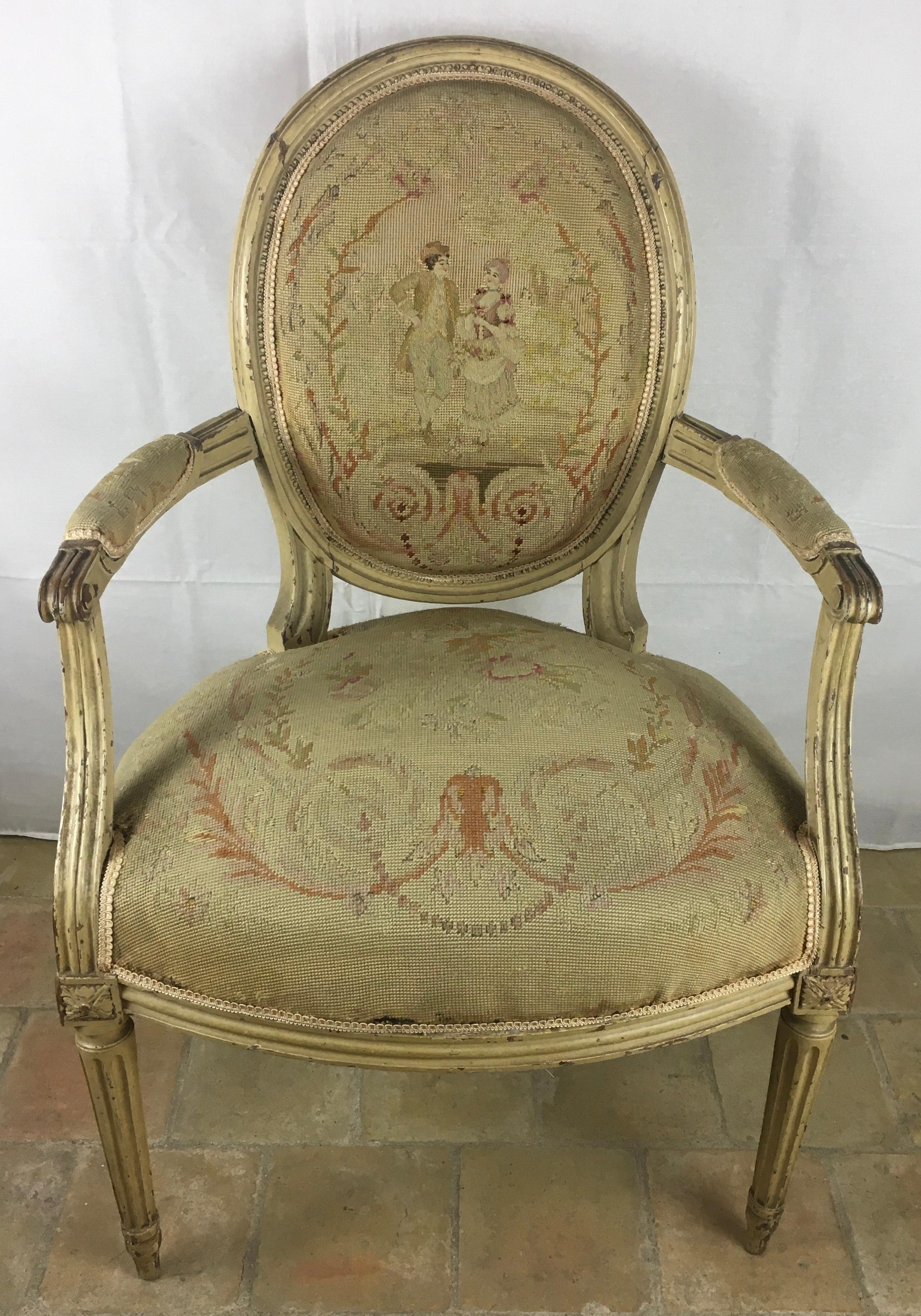 French Pair of 18th Century Louis XVI Style Armchairs or Fauteuils A La Reine For Sale