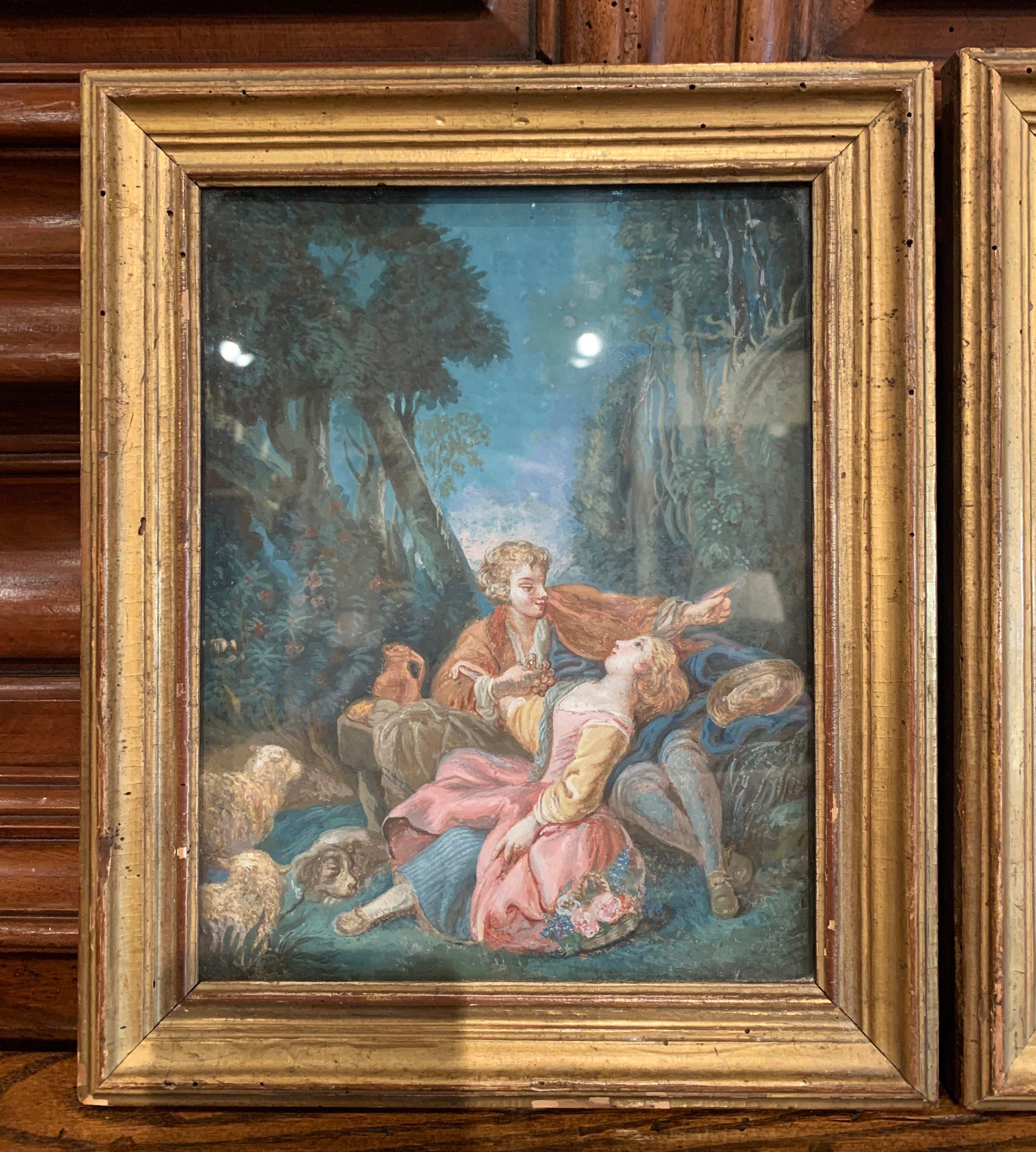 These antique colorful watercolors were crafted in France circa 1780, set in the original giltwood frames with glass protection, each art work depicts a courting scene with a young gentleman romancing a young beauty. Both pieces are set in a very
