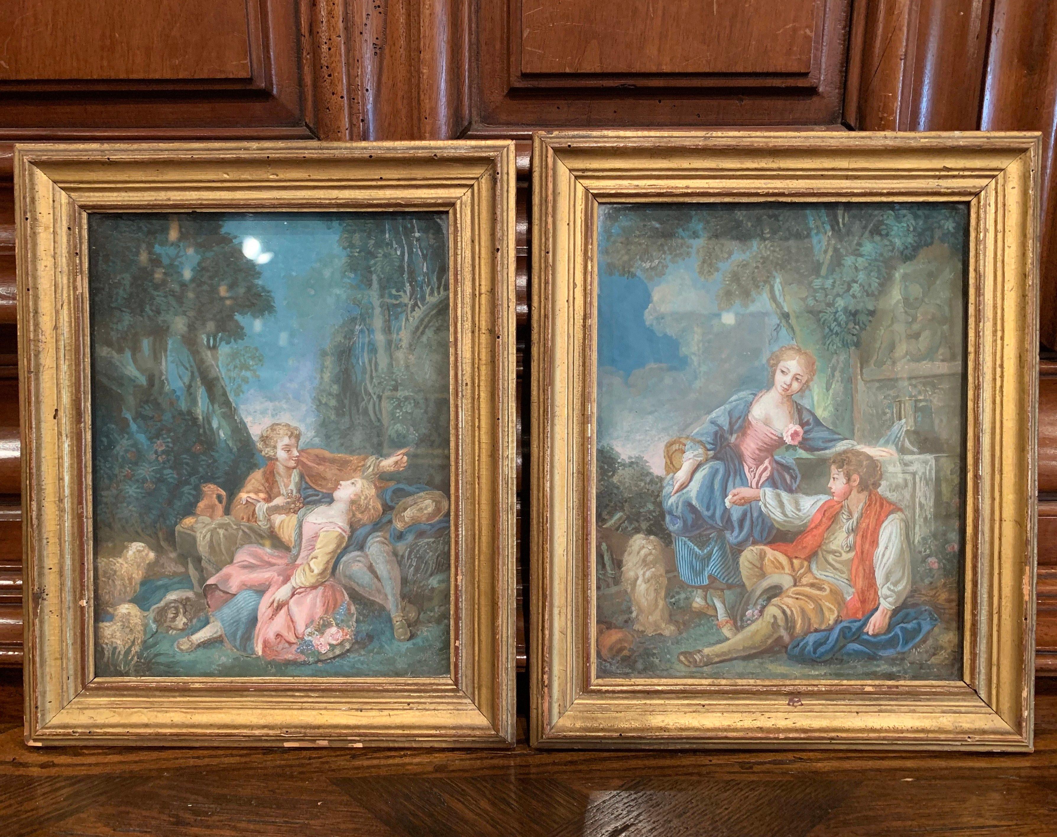 Pair of 18th Century Louis XVI Watercolors in Original Giltwood Frames For Sale 1