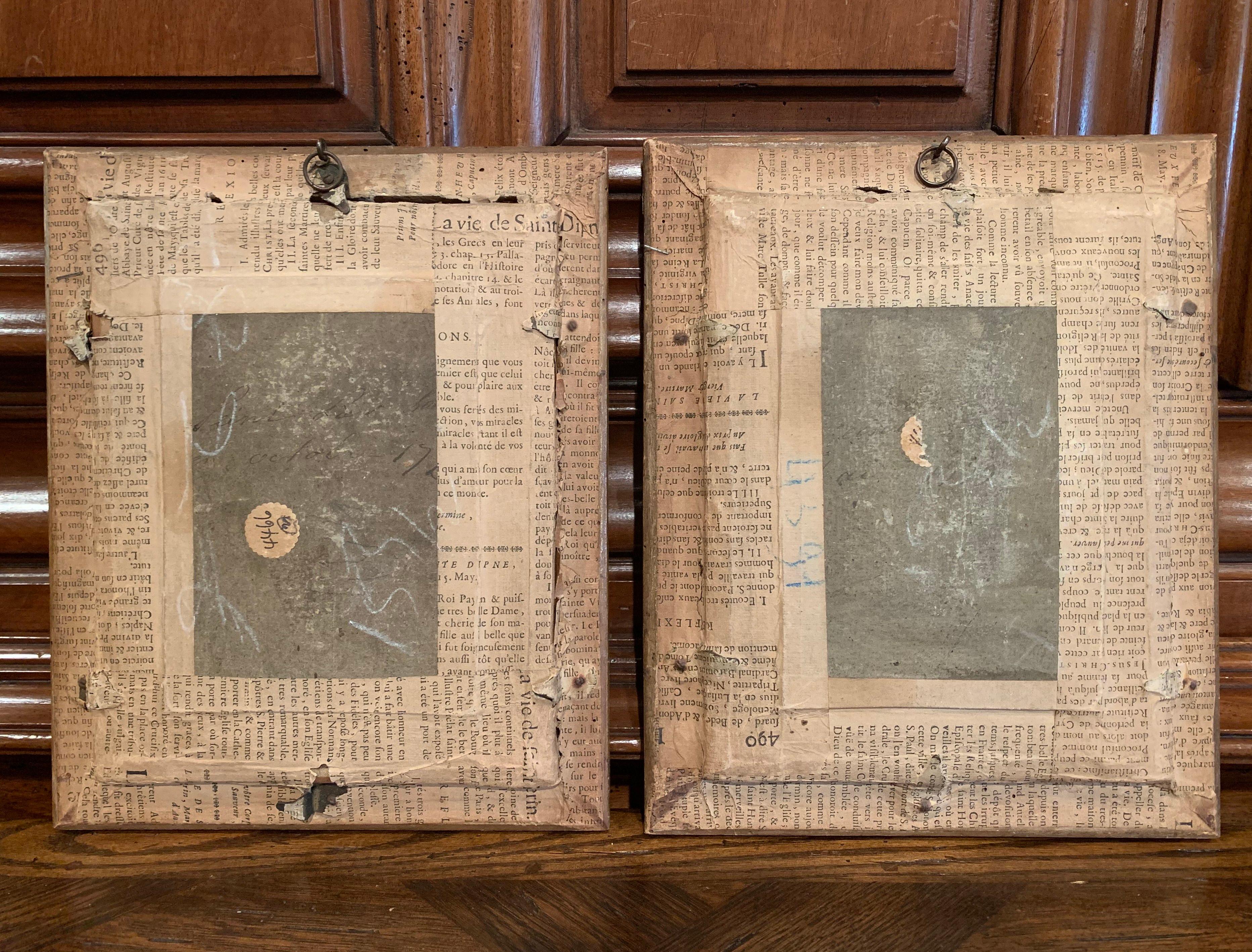 Paire d'aquarelles Louis XVI du XVIIIe siècle dans leur cadre d'origine en bois doré en vente 3