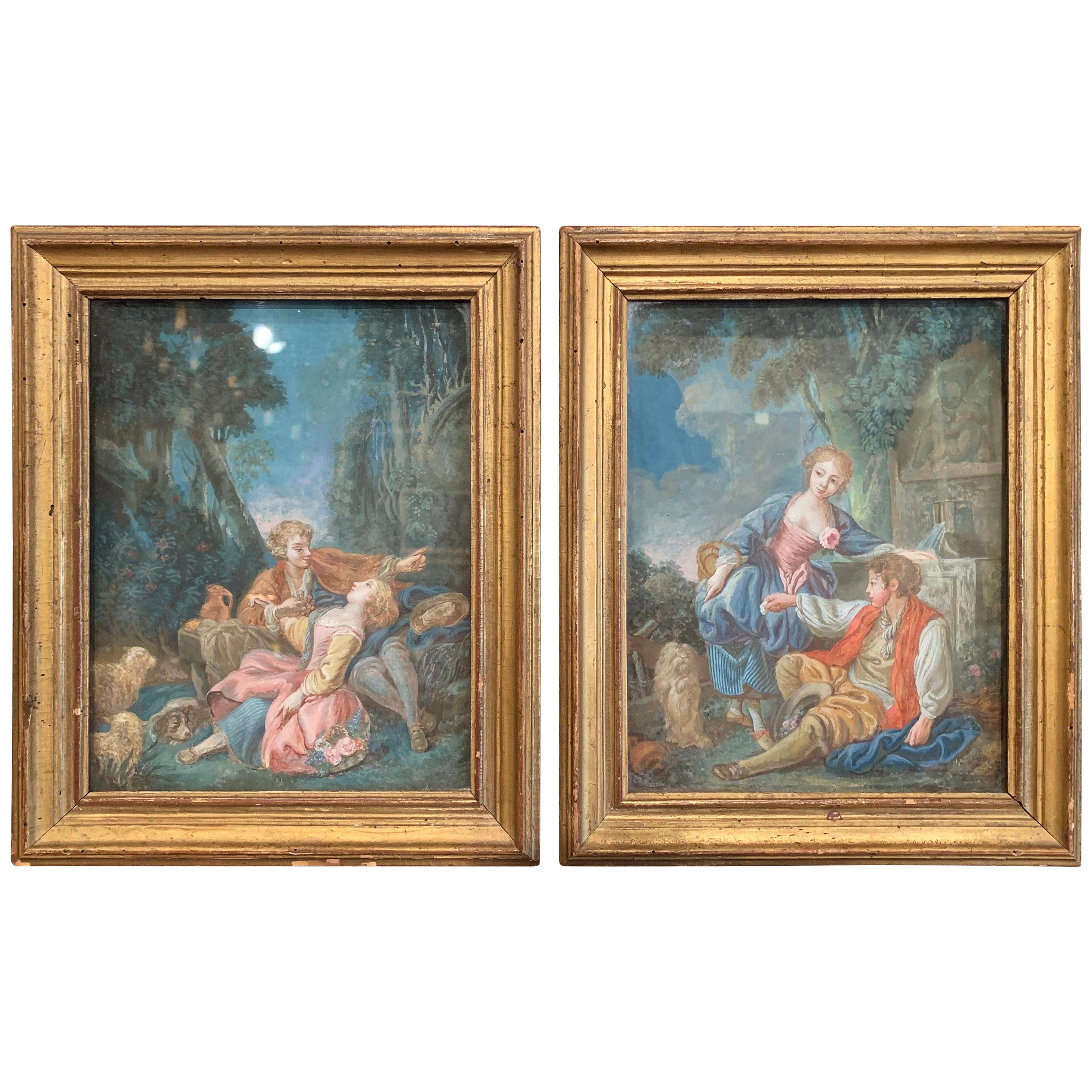 Pair of 18th Century Louis XVI Watercolors in Original Giltwood Frames For Sale