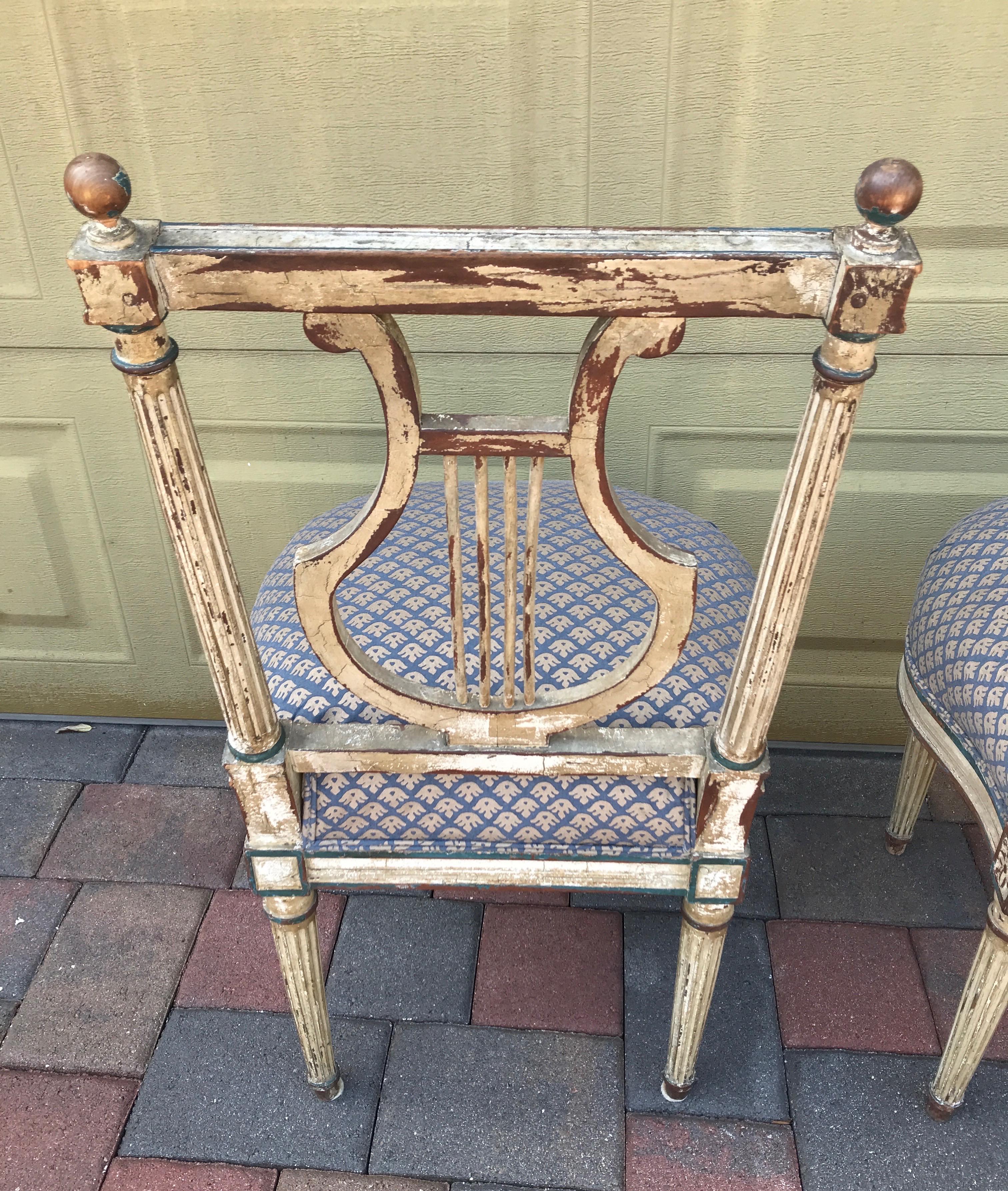 French Pair of 18th Century Lyre Back Chairs with Fortuny Fabric Seats For Sale