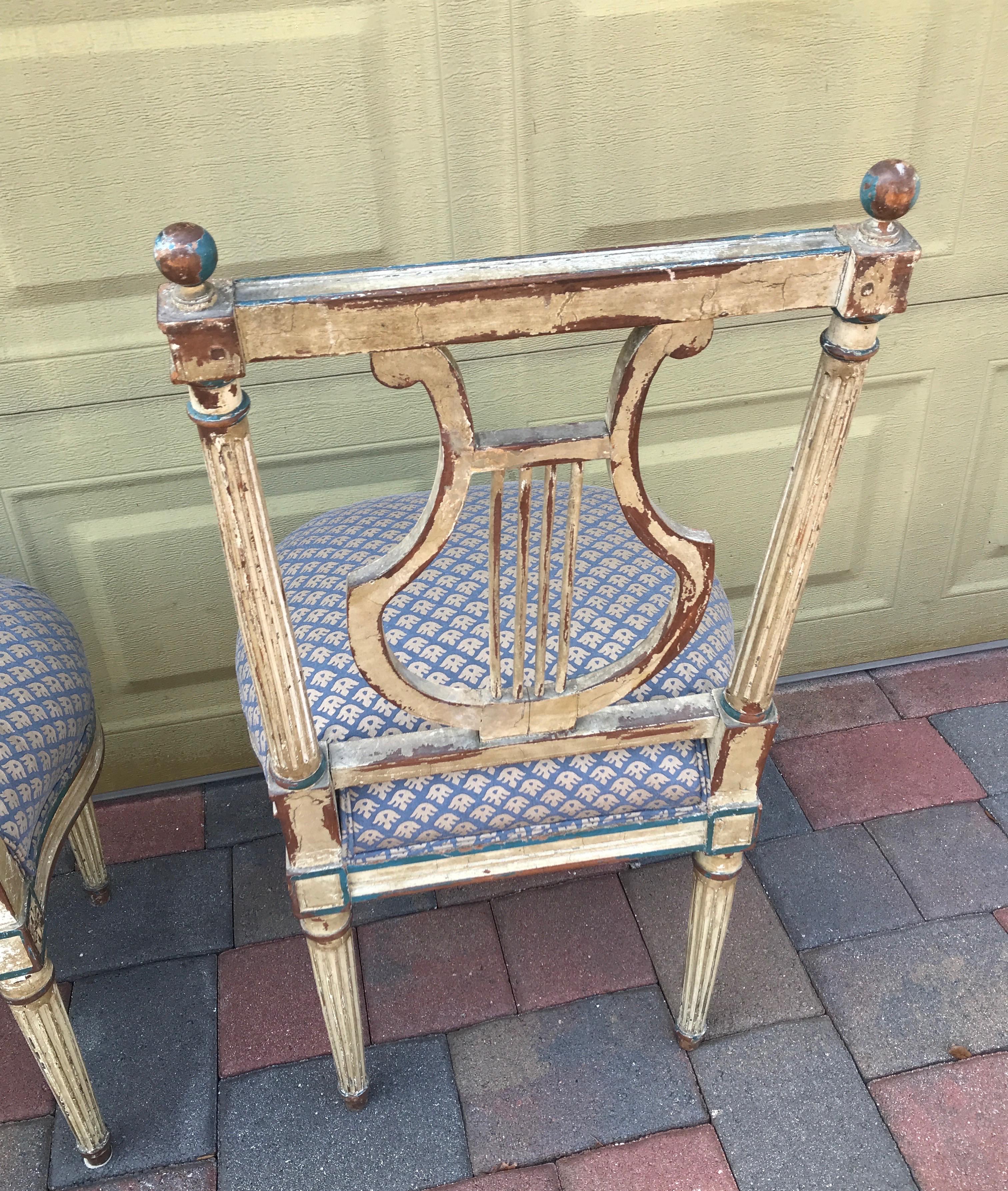 Pair of 18th Century Lyre Back Chairs with Fortuny Fabric Seats In Good Condition For Sale In West Palm Beach, FL