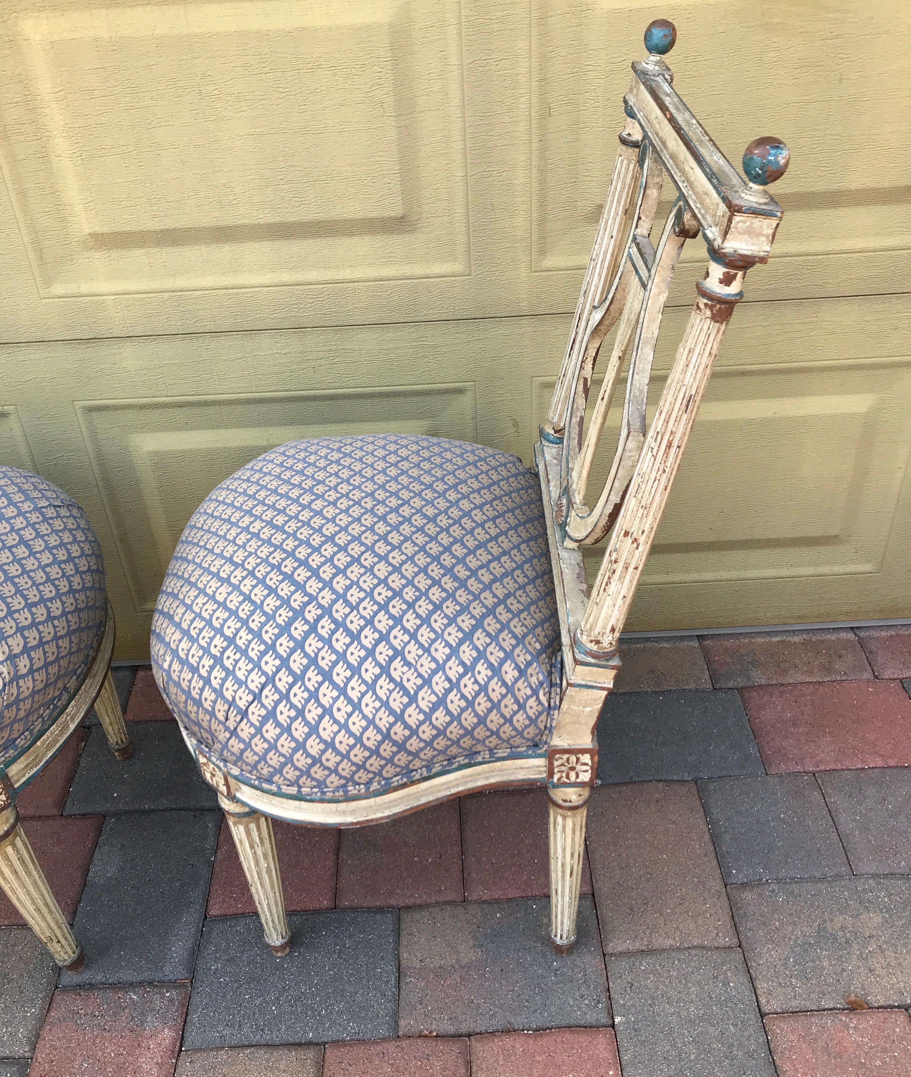 18th Century and Earlier Pair of 18th Century Lyre Back Chairs with Fortuny Fabric Seats For Sale