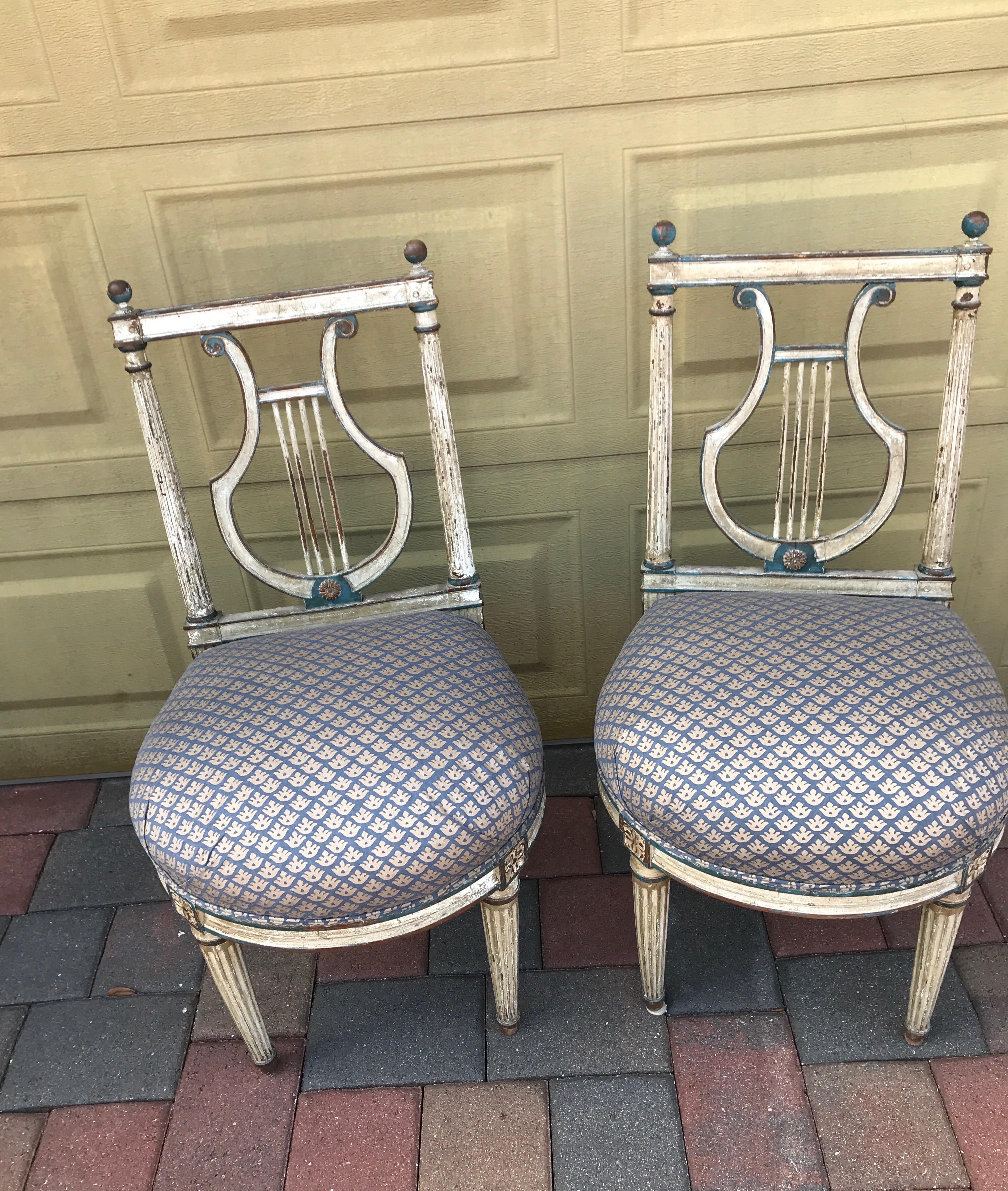Pair of 18th Century Lyre Back Chairs with Fortuny Fabric Seats For Sale 2
