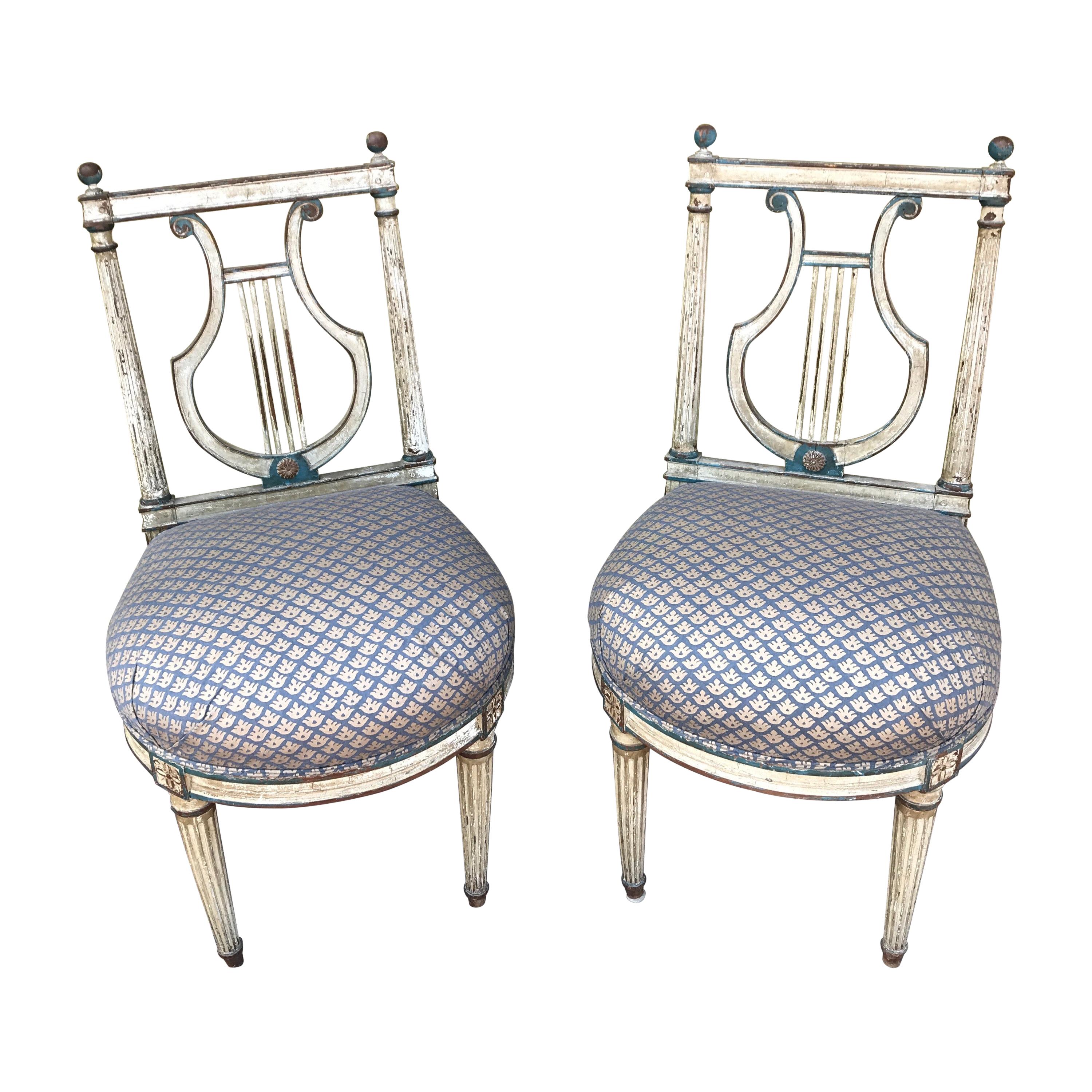Pair of 18th Century Lyre Back Chairs with Fortuny Fabric Seats