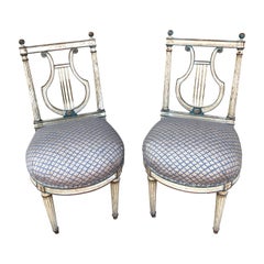 Pair of 18th Century Lyre Back Chairs with Fortuny Fabric Seats