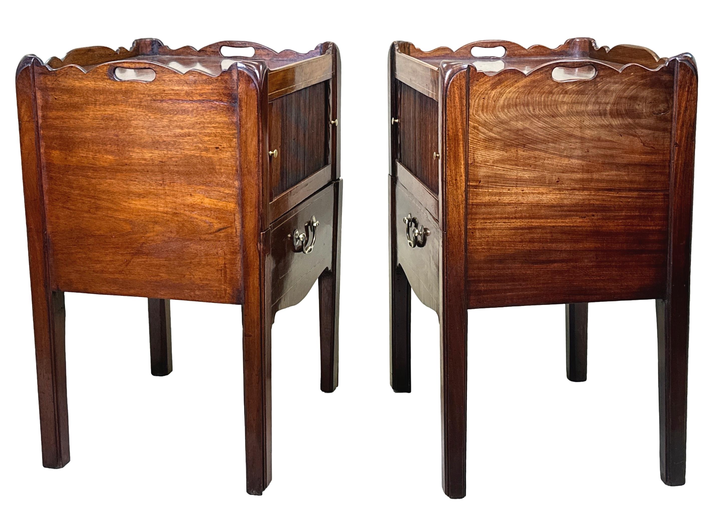 A Very Good Quality And Extremely Well Matched Pair Of 18th Century, George III Period, Mahogany Bedside Night Tables, Or Tray Top Commodes, Having Elegant Shaped Sides & Pierced Handles To Galleried Tops, Over Attractive Tambour Doors And Converted