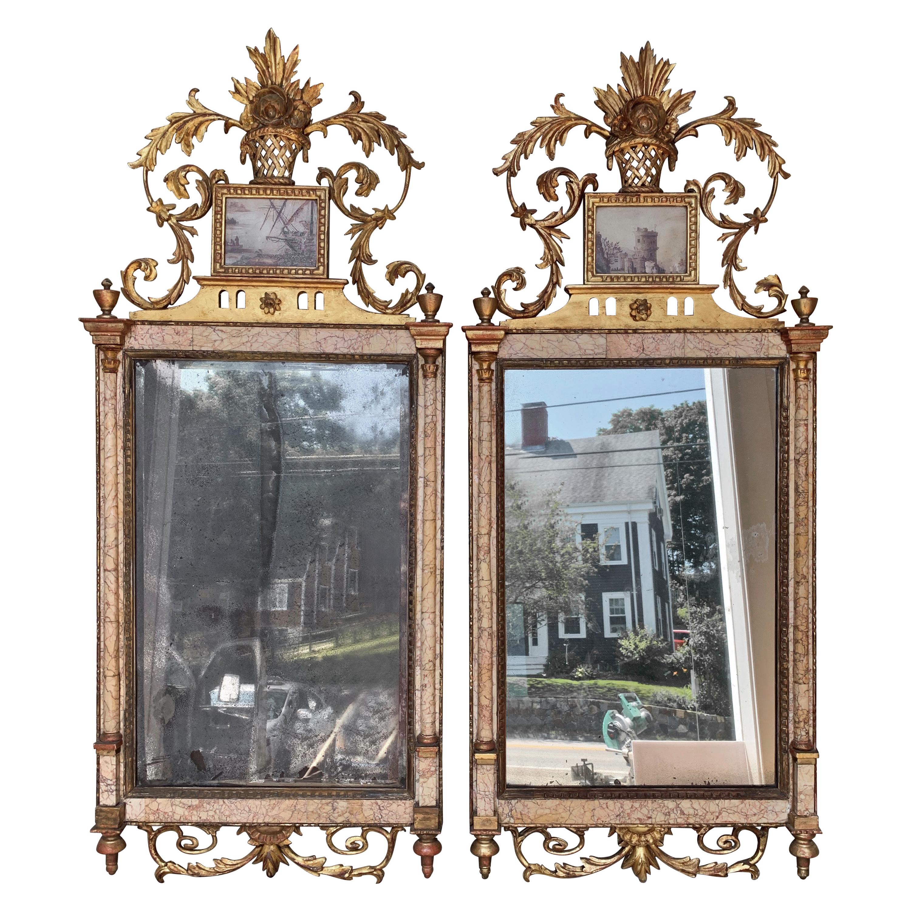 Pair of 18th Century Marble and Églomisé Bilbao Mirrors For Sale