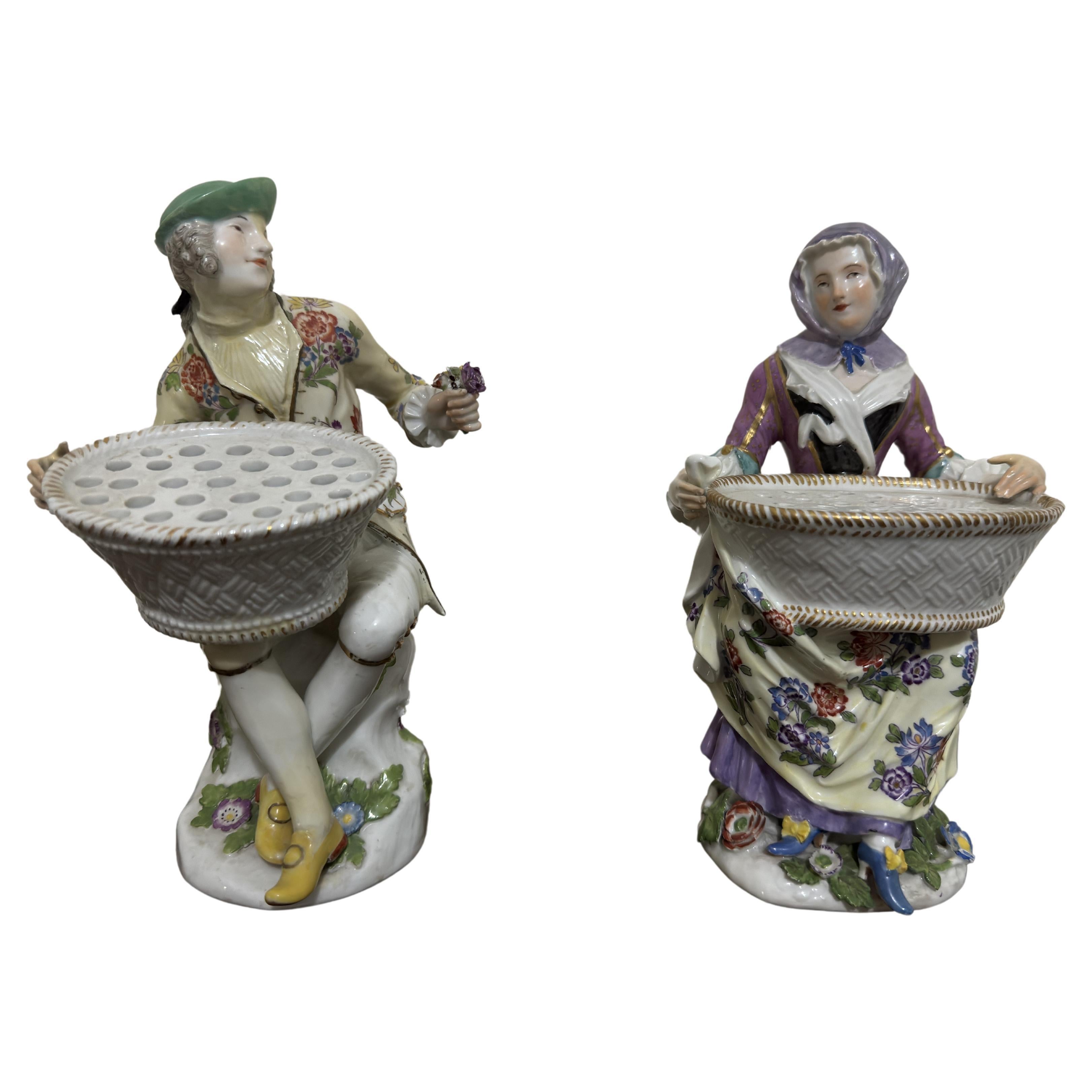 Pair of 18th Century Meissen Porcelain Bouquetiere Figures For Sale