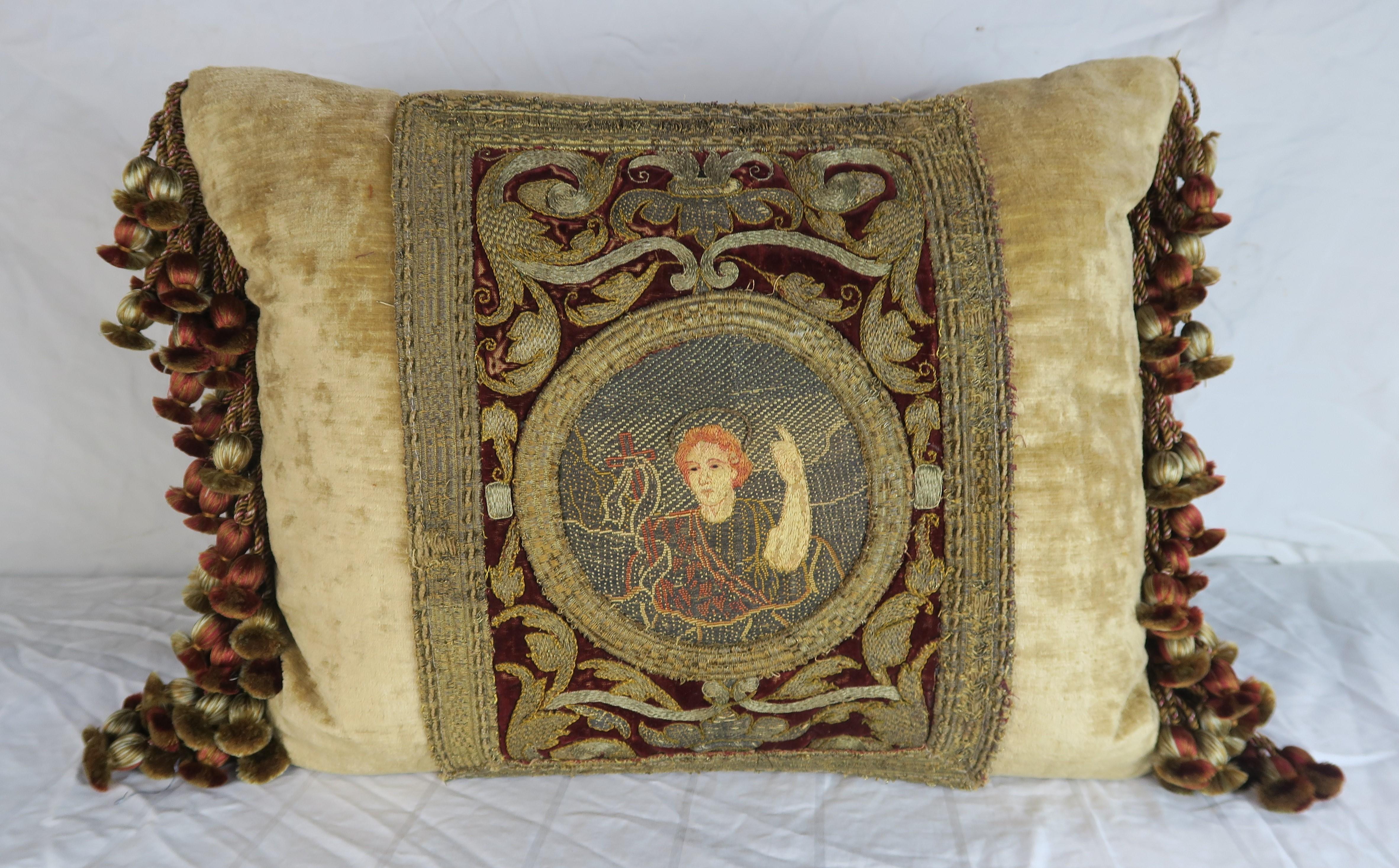 Pair of custom Melissa Levinson designed pillows made with 18th century metallic gold and silver embroidered silk velvet panels with incredibly fine embroidered Saints. The panels are framed with contemporary golden colored linen velvet. Multi