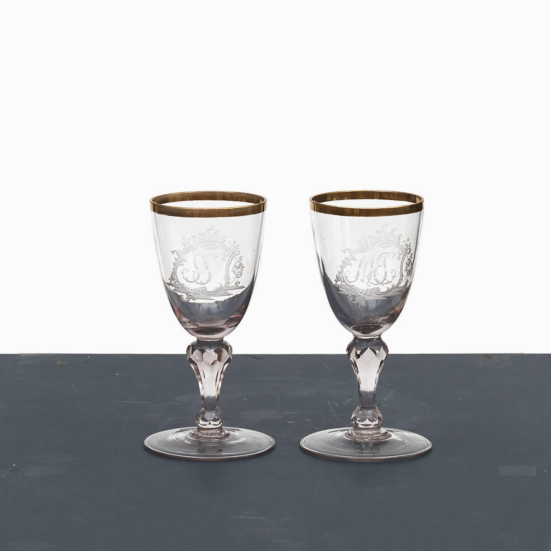 German Pair Of 18Th Century Monogrammed Baroque wine Glasses For Sale