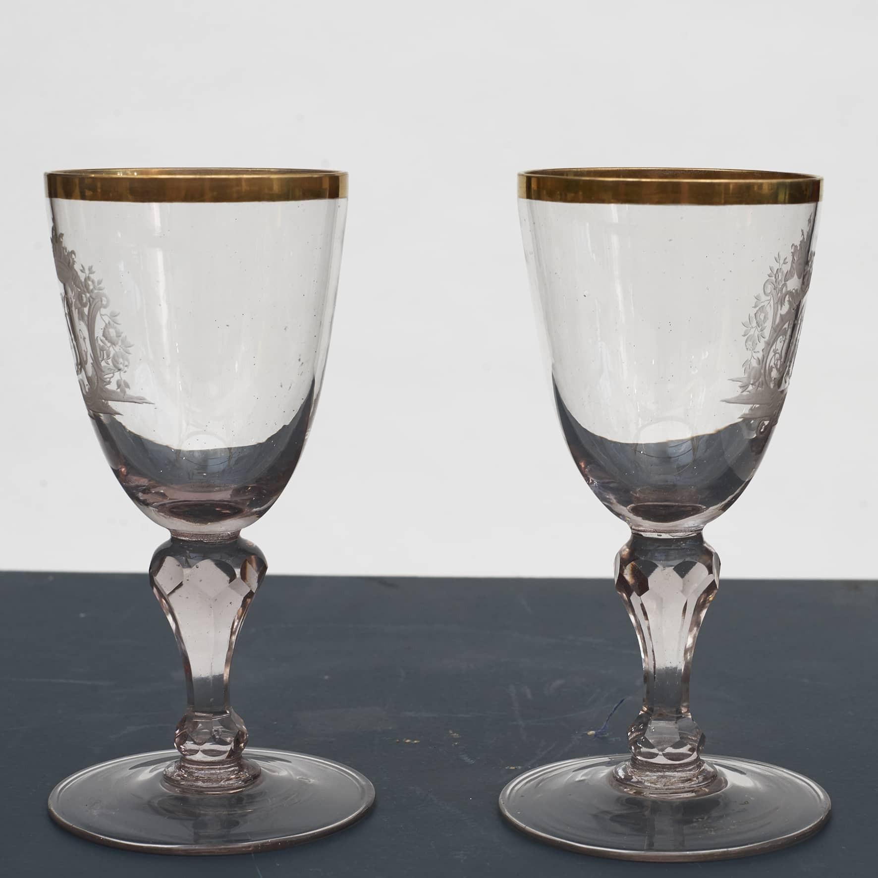 Gilt Pair Of 18Th Century Monogrammed Baroque wine Glasses For Sale