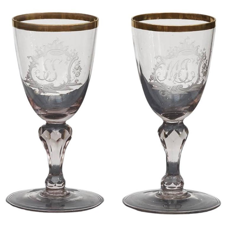 Pair Of 18Th Century Monogrammed Baroque wine Glasses For Sale at 1stDibs