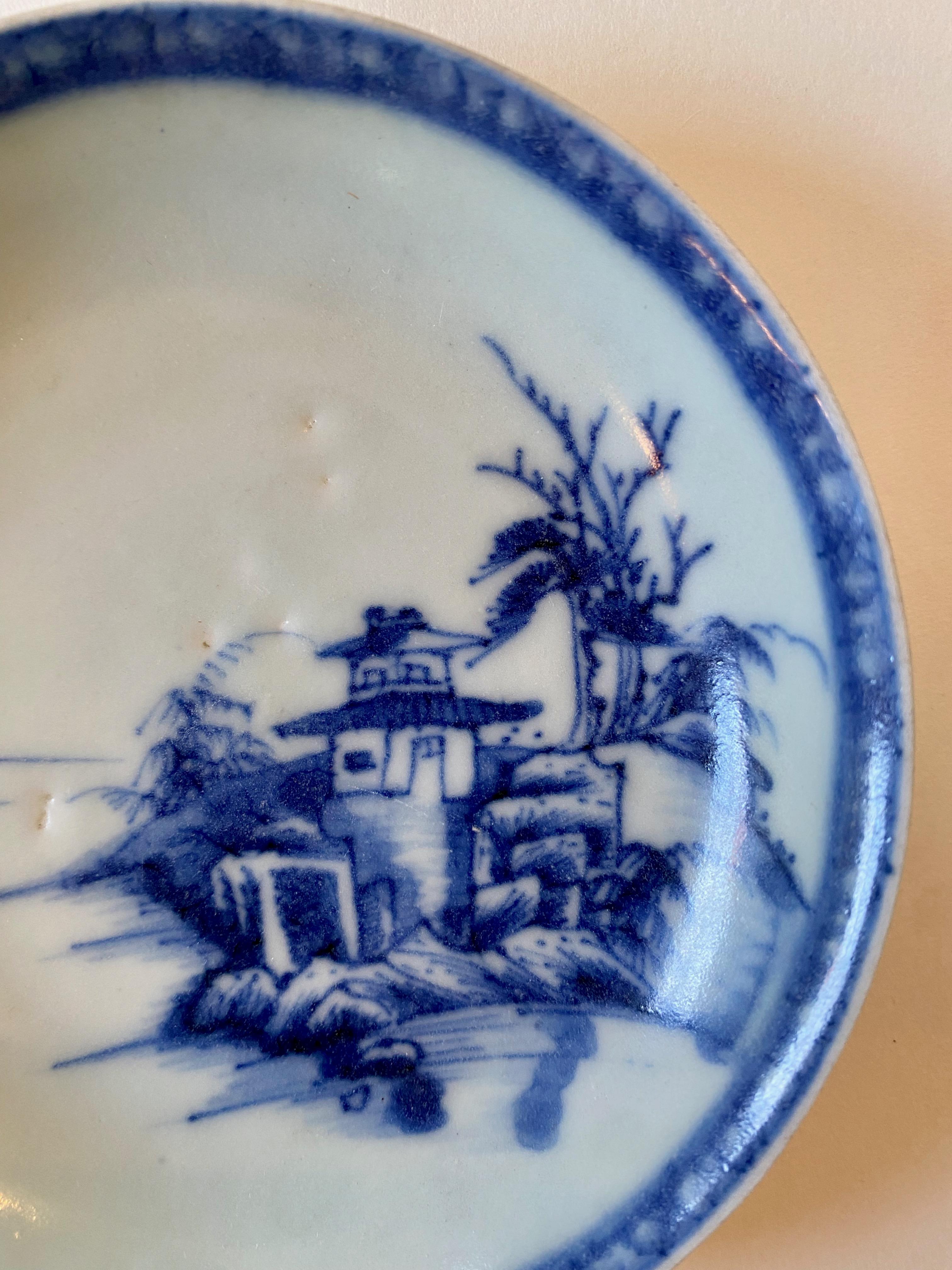 Two sets of blue and white Qing Dynasty cups and saucers recovered from the Nanking Cargo. A large cache of porcelain and other merchandise was discovered on the wreck of a Dutch East India Company ship, the Geldermalsen, which sank in the South