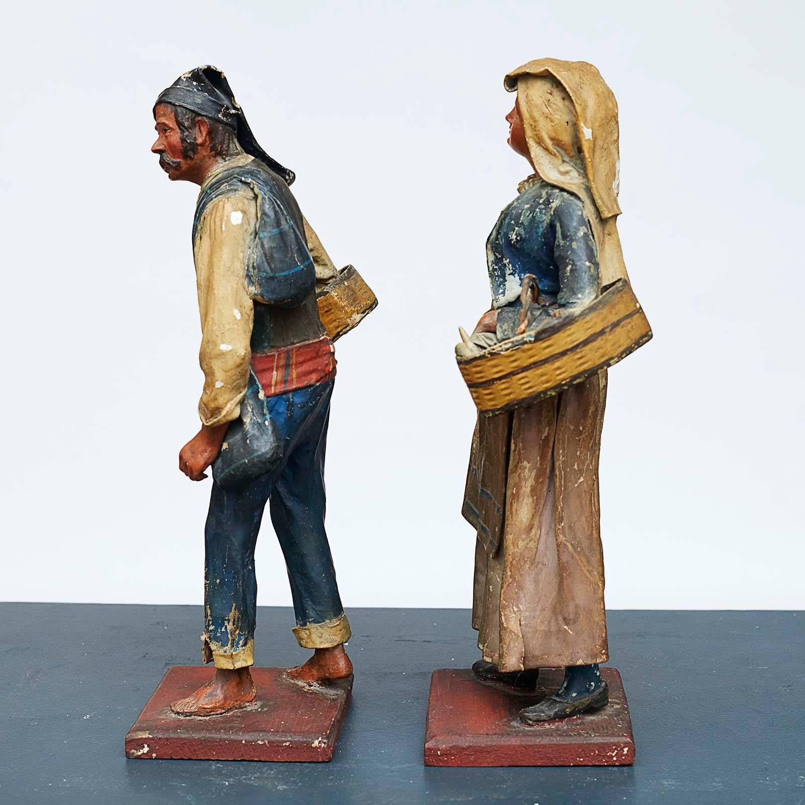 Pair of decorative papier mâché figures. From Naples, Italy, 18th century. Intact with original colors. Very charming. Sold as a couple.