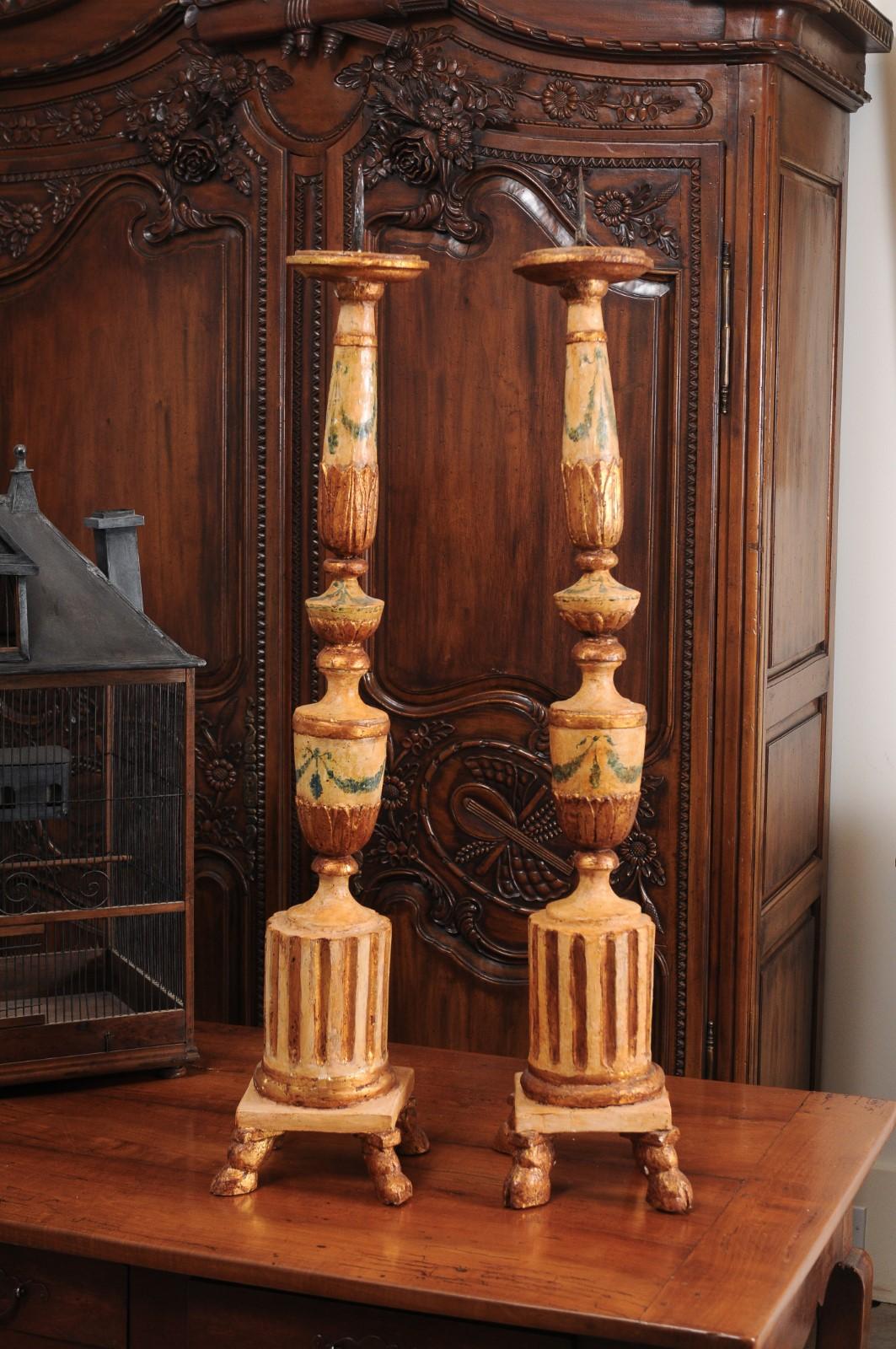 Pair of 18th Century Neoclassical Painted and Gilded Candlesticks with Hoof Feet For Sale 3