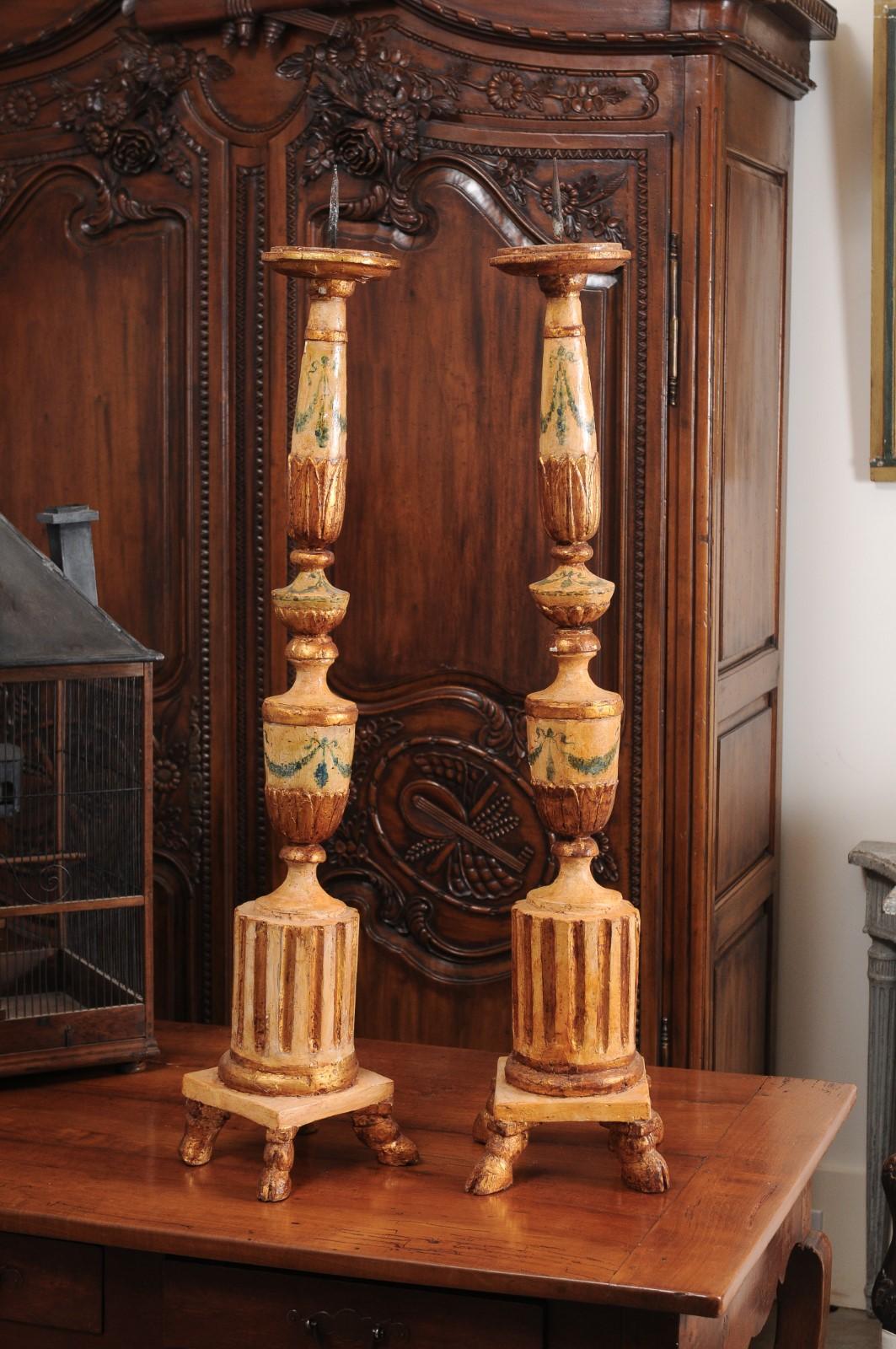 Pair of 18th Century Neoclassical Painted and Gilded Candlesticks with Hoof Feet For Sale 4
