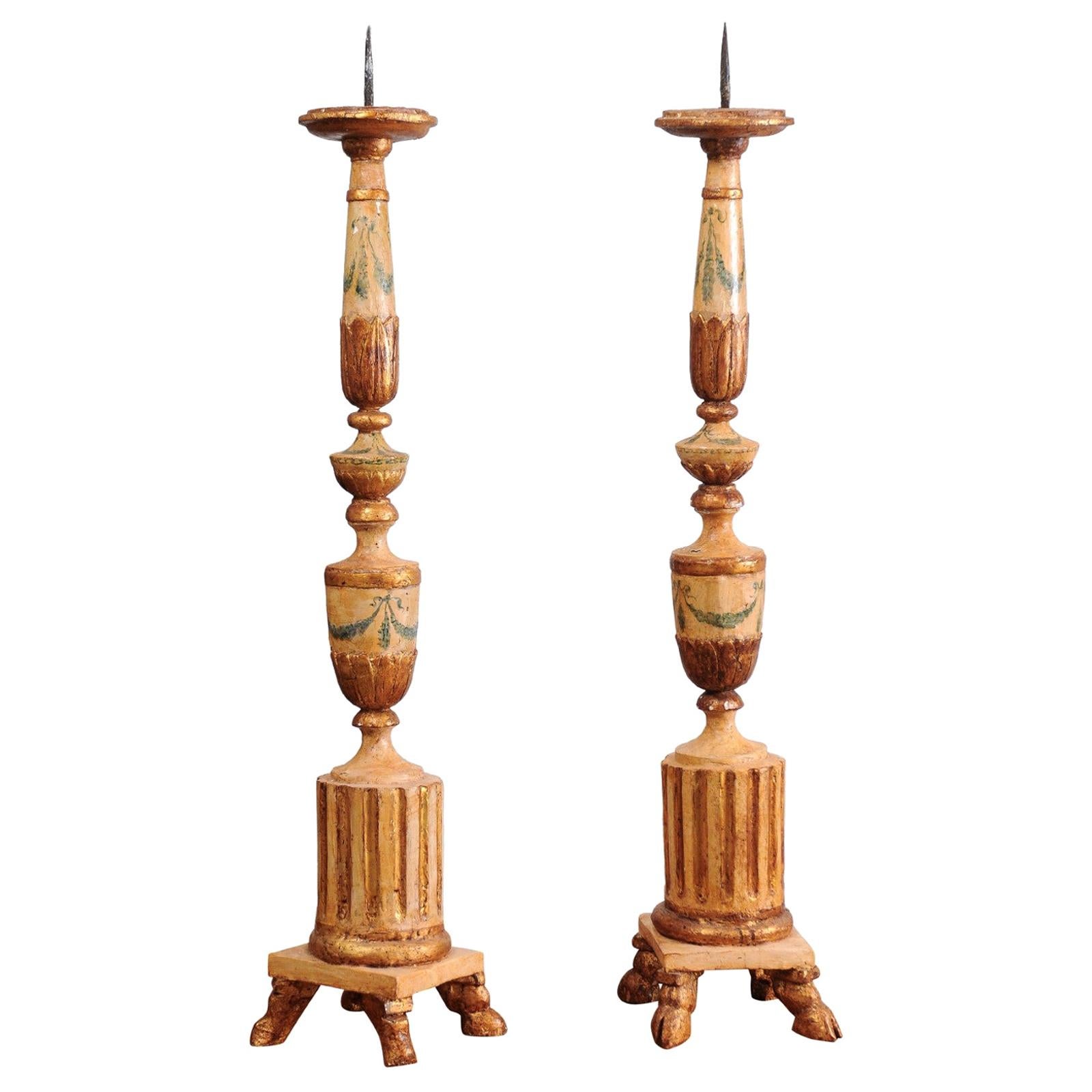 Pair of 18th Century Neoclassical Painted and Gilded Candlesticks with Hoof Feet For Sale