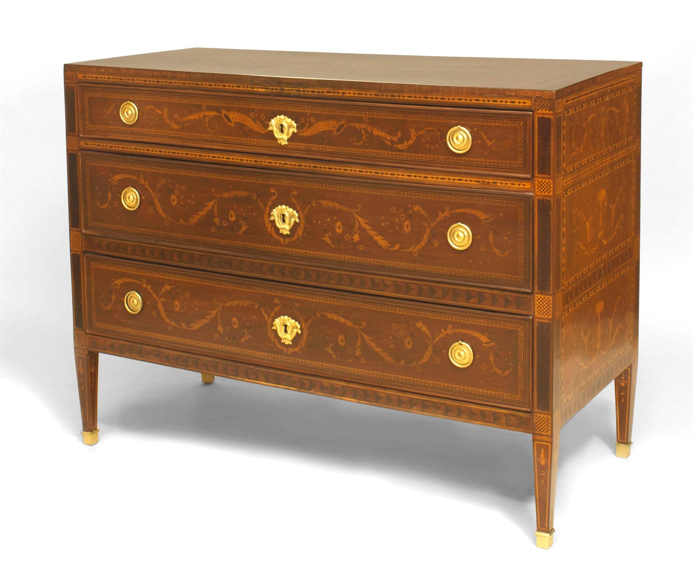 Pair of Northern Italian (late 18th Century) Neo-classical walnut and marquetry inlaid gilt bronze mounted commodes with 3 drawers (in the manner of GIUSEPPE MAGGIOLINI) (PRICED AS Pair).
