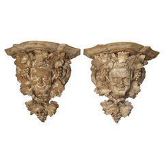 Antique Pair of 18th Century Oak Bacchus Wall Brackets from Chateau de Sauvage, France