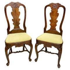 Antique Pair of 18th Century Queen Anne Style Oak Side Chairs