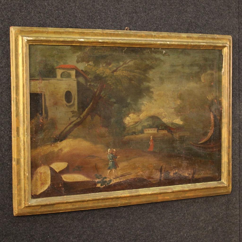 Pair of 18th century Italian paintings. Oil paintings on canvas depicting rustic landscapes with characters. Antique frames with non-original gilding, taken in the 20th century (see photo). Small size paintings, that can be easily placed in