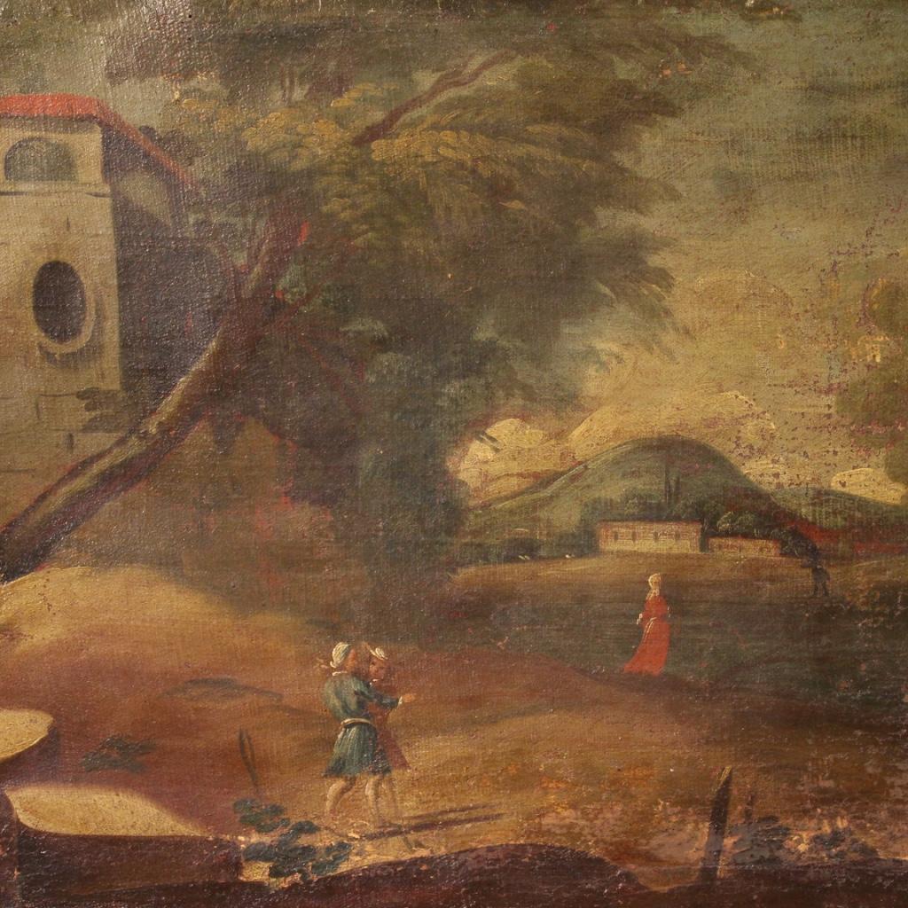 Gilt Pair of 18th Century Oil on Canvas Antique Italian Landscape Paintings, 1770