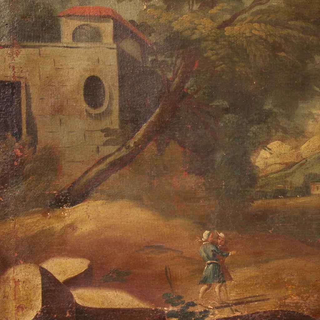 Pair of 18th Century Oil on Canvas Antique Italian Landscape Paintings, 1770 In Fair Condition In Vicoforte, Piedmont
