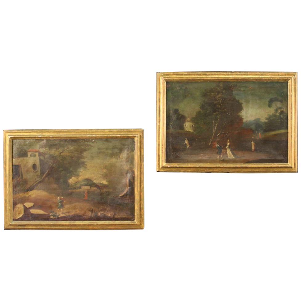 Pair of 18th Century Oil on Canvas Antique Italian Landscape Paintings, 1770