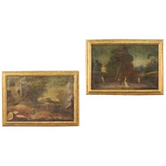 Pair of 18th Century Oil on Canvas Antique Italian Landscape Paintings, 1770