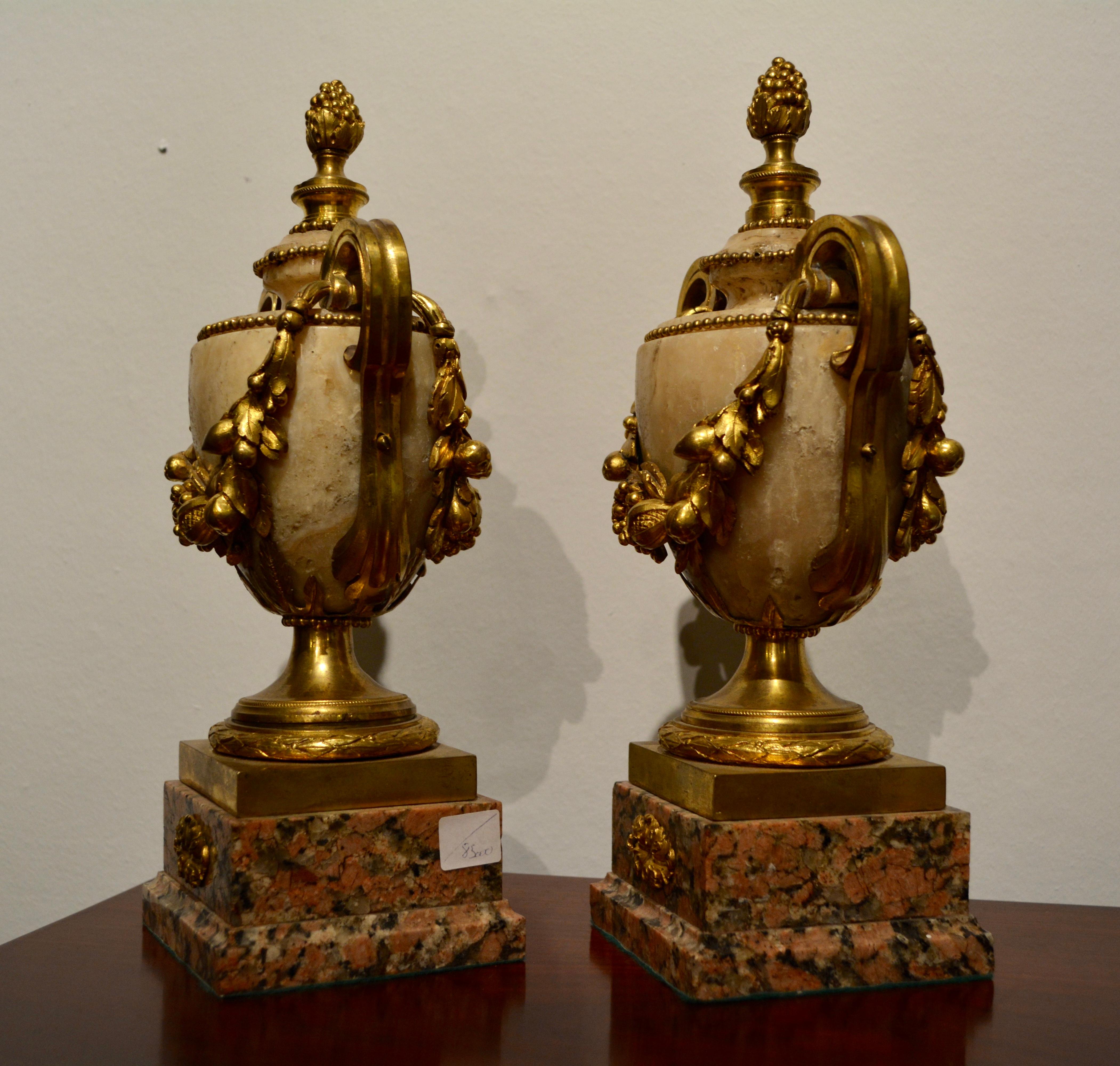 Paire de vases en bronze doré et marbre du XVIIIe siècle 2