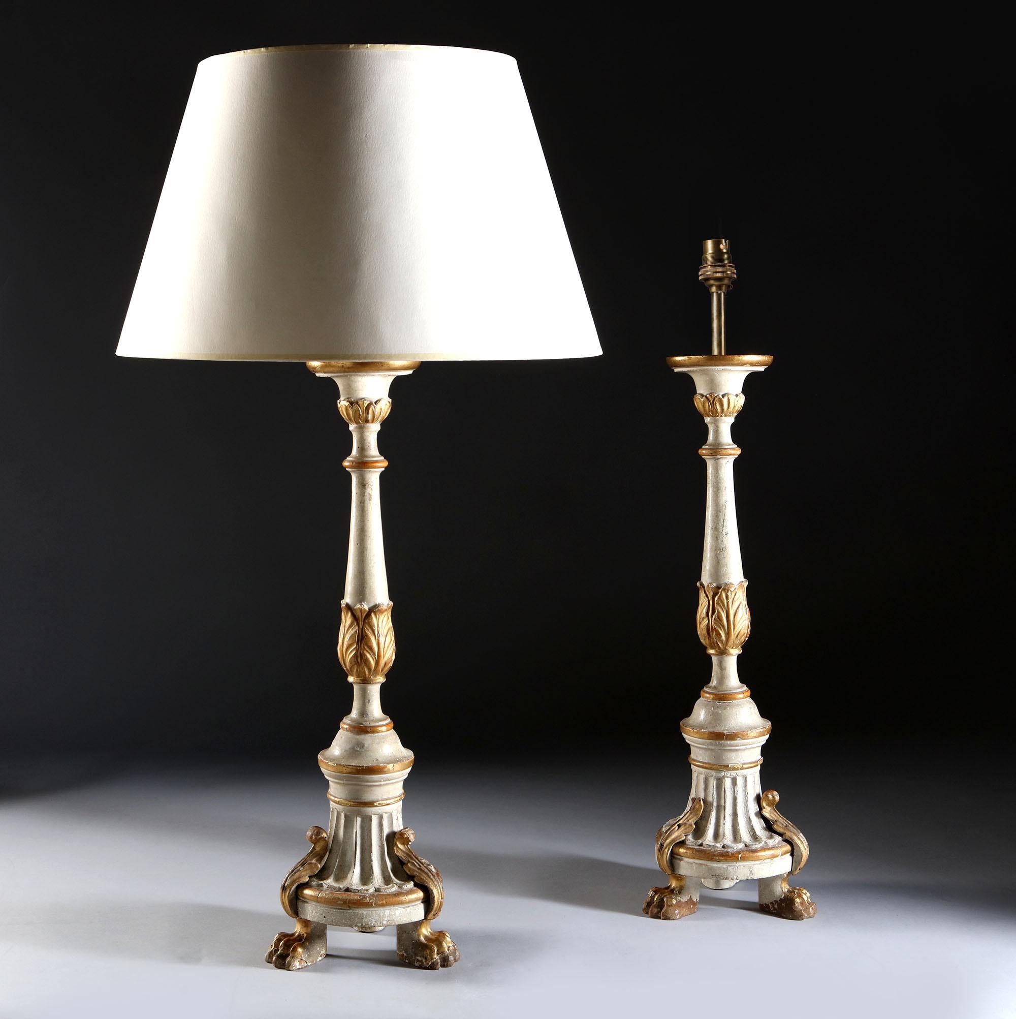 Pair of 18th Century Painted and Gilt Italian Candlesticks as Table Lamps 5