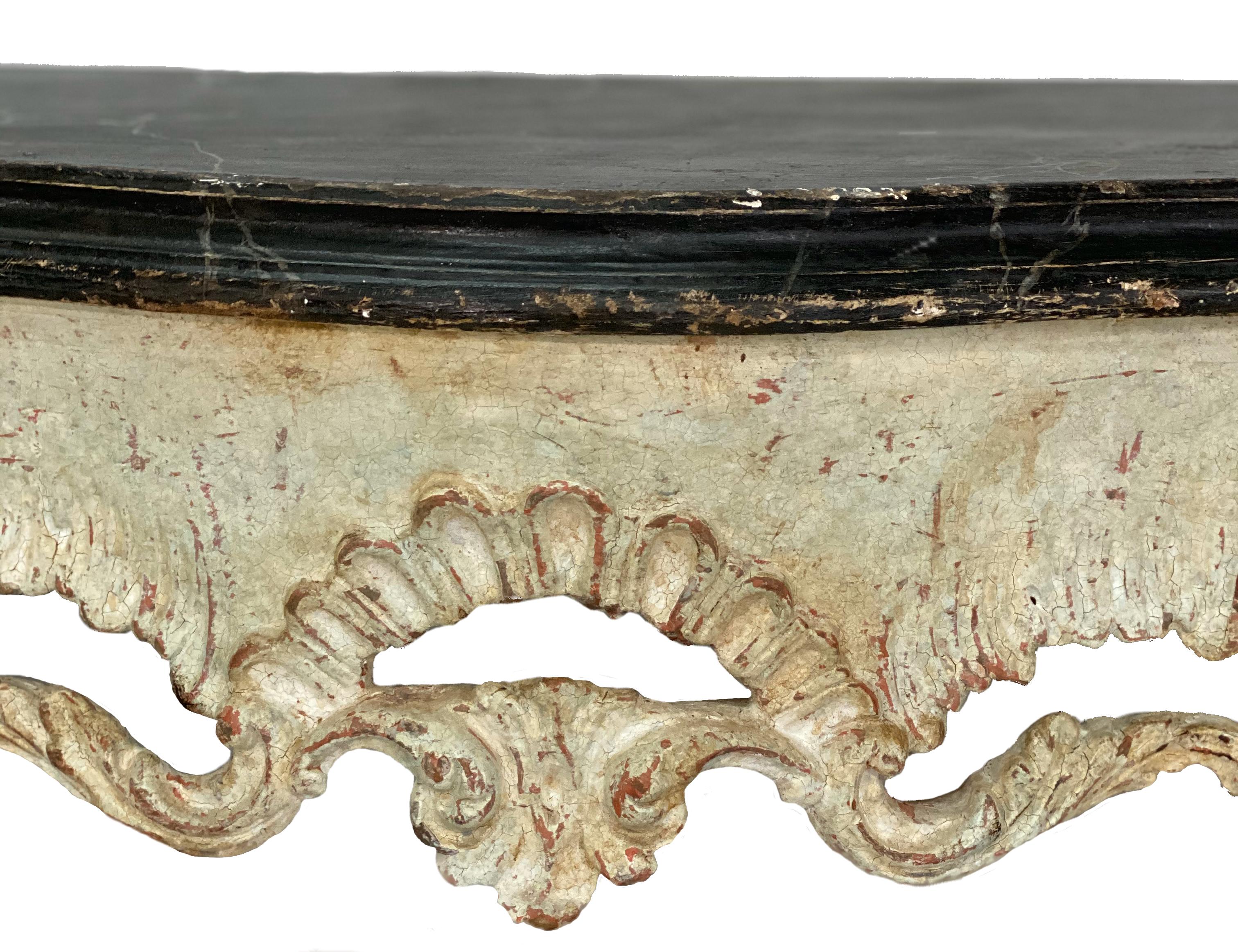 Pair of 18th Century Painted Ivory and Black Louis XV Italian Consoles  In Good Condition In Round Top, TX