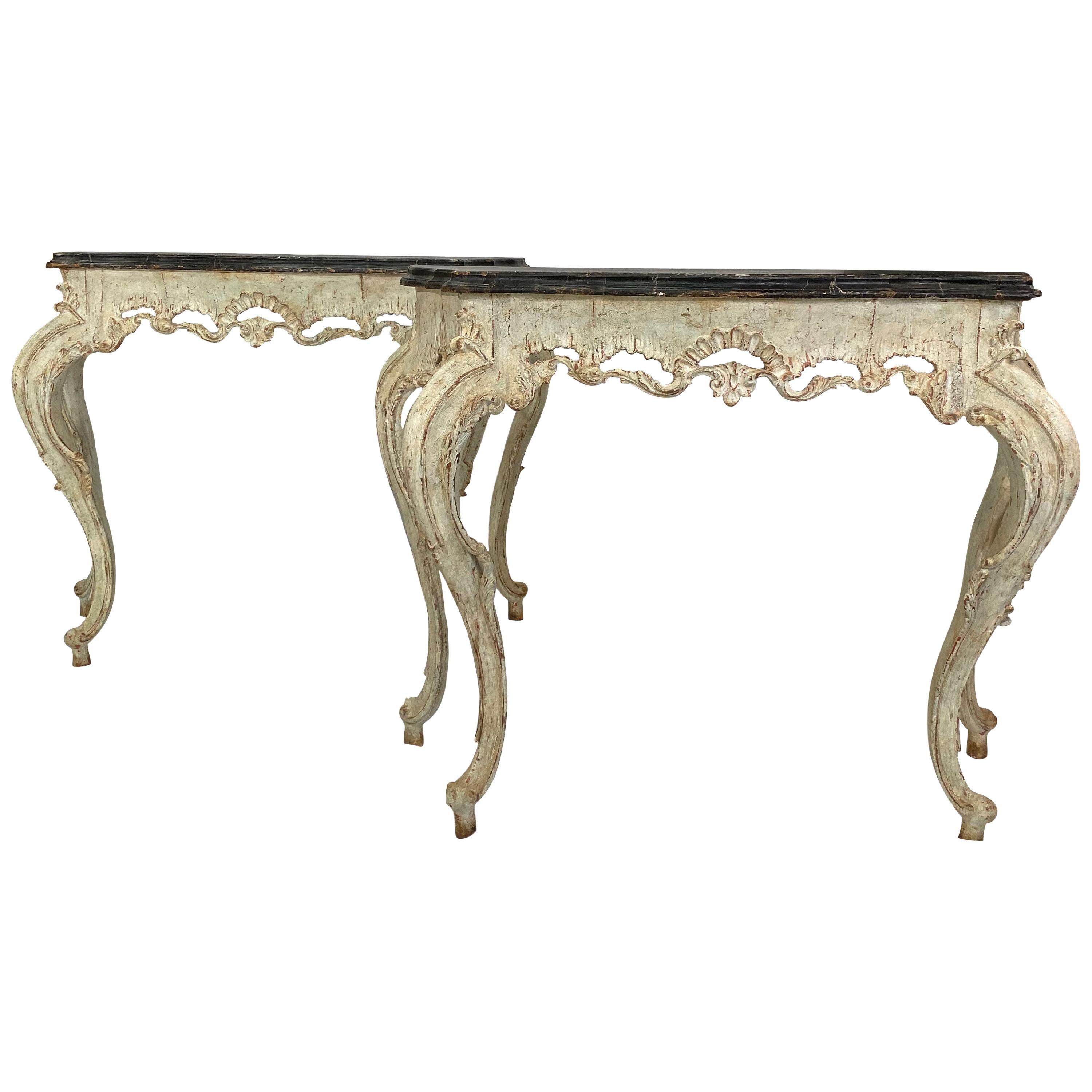 Pair of 18th Century Painted Ivory and Black Louis XV Italian Consoles 