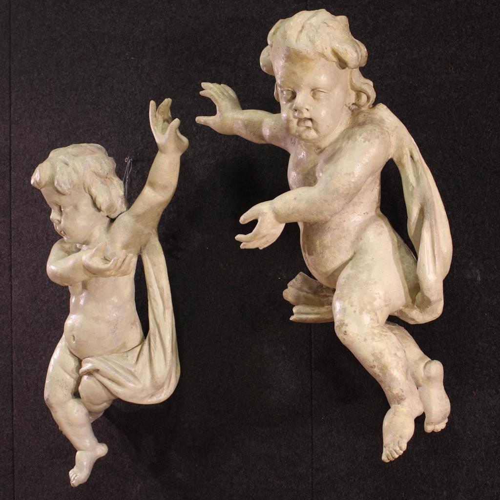 Pair of 18th Century Painted Wood Italian Antique Cherubs Sculptures, 1740s For Sale 1