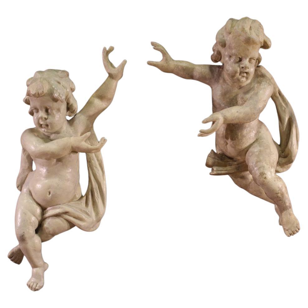 Pair of 18th Century Painted Wood Italian Antique Cherubs Sculptures, 1740s