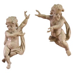 Pair of 18th Century Painted Wood Italian Antique Cherubs Sculptures, 1740