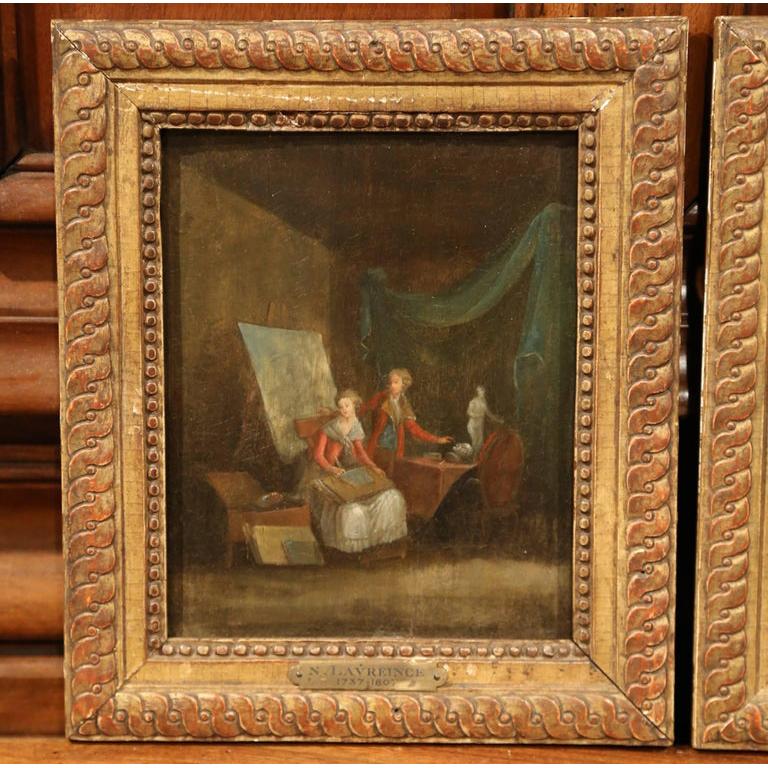 Set in the original carved gilt frames, these beautiful antique paintings were created in France, circa 1770. The first composition titled 