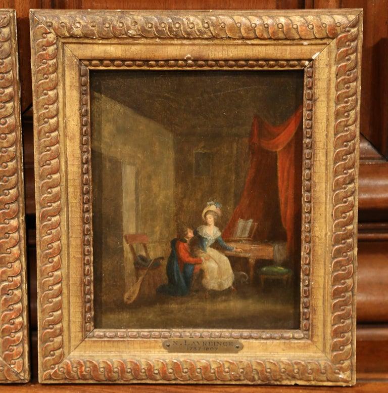 Français Paire de peintures sur panneau de bois du XVIIIe siècle dans des cadres dorés, signées N. Lavreince en vente