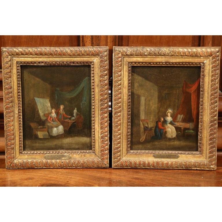 French Pair of 18th Century Paintings on Board in Gilt Frames Signed N. Lavreince For Sale