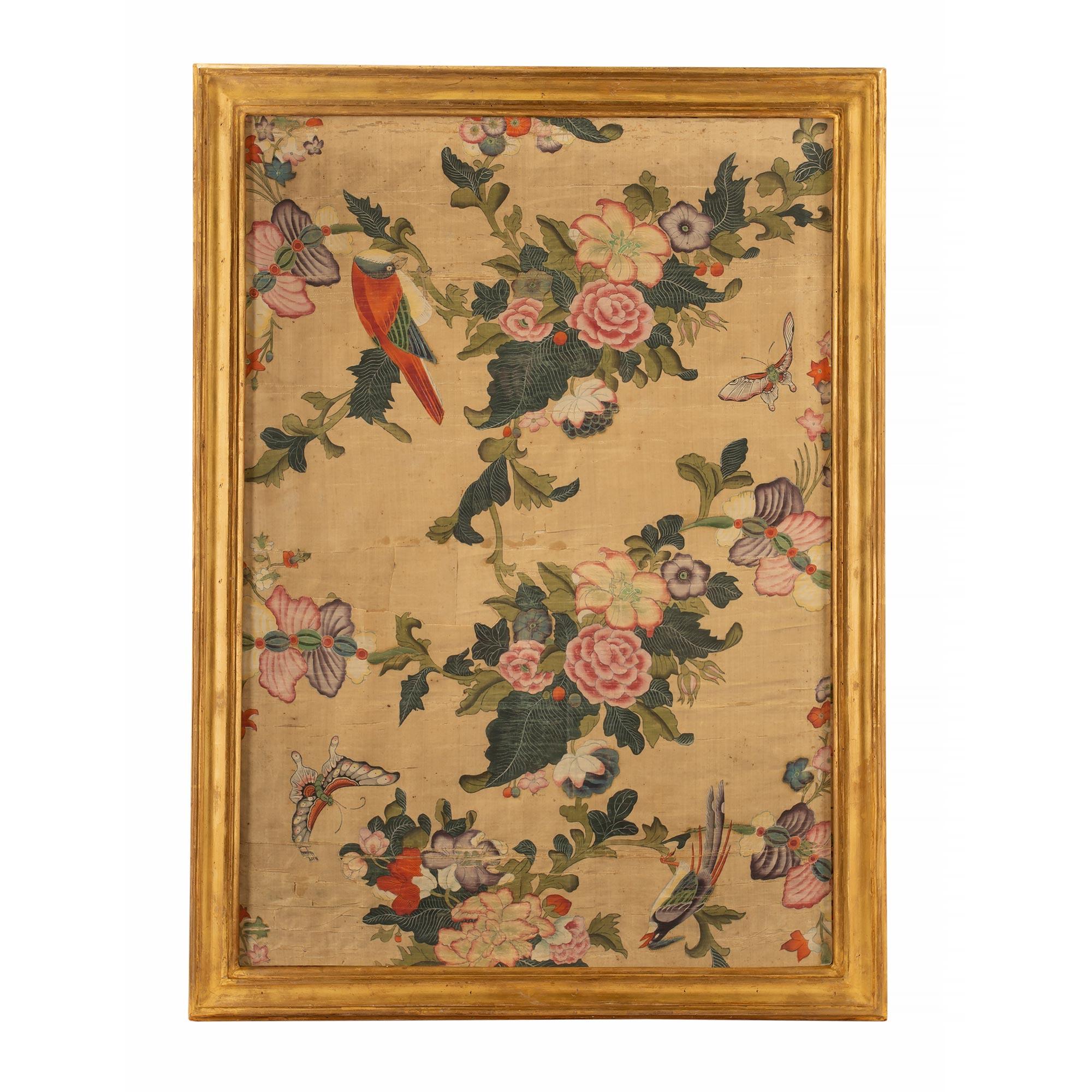 Italian Pair of 18th Century Panels of Hand Painted Asian Silk For Sale