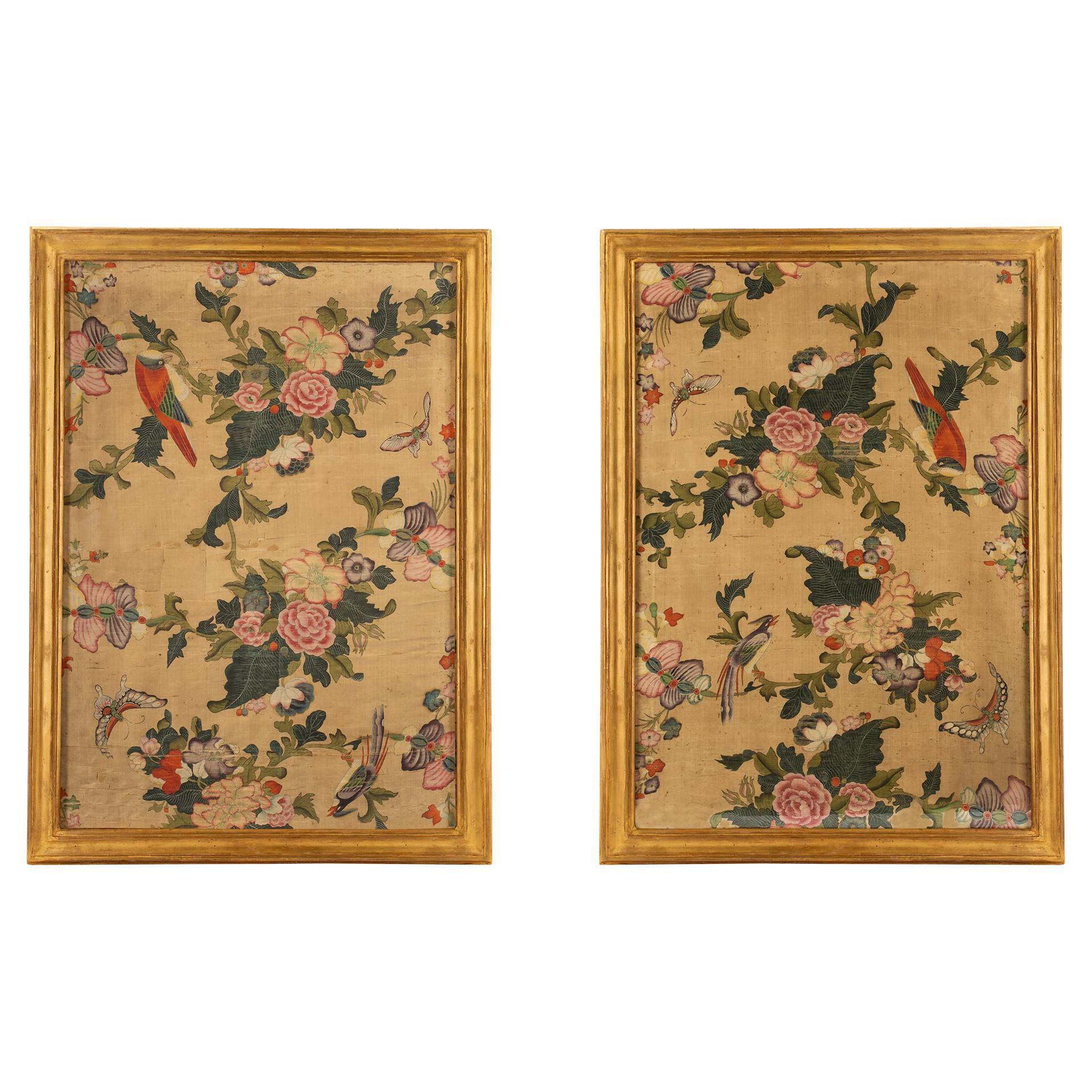 Pair of 18th Century Panels of Hand Painted Asian Silk